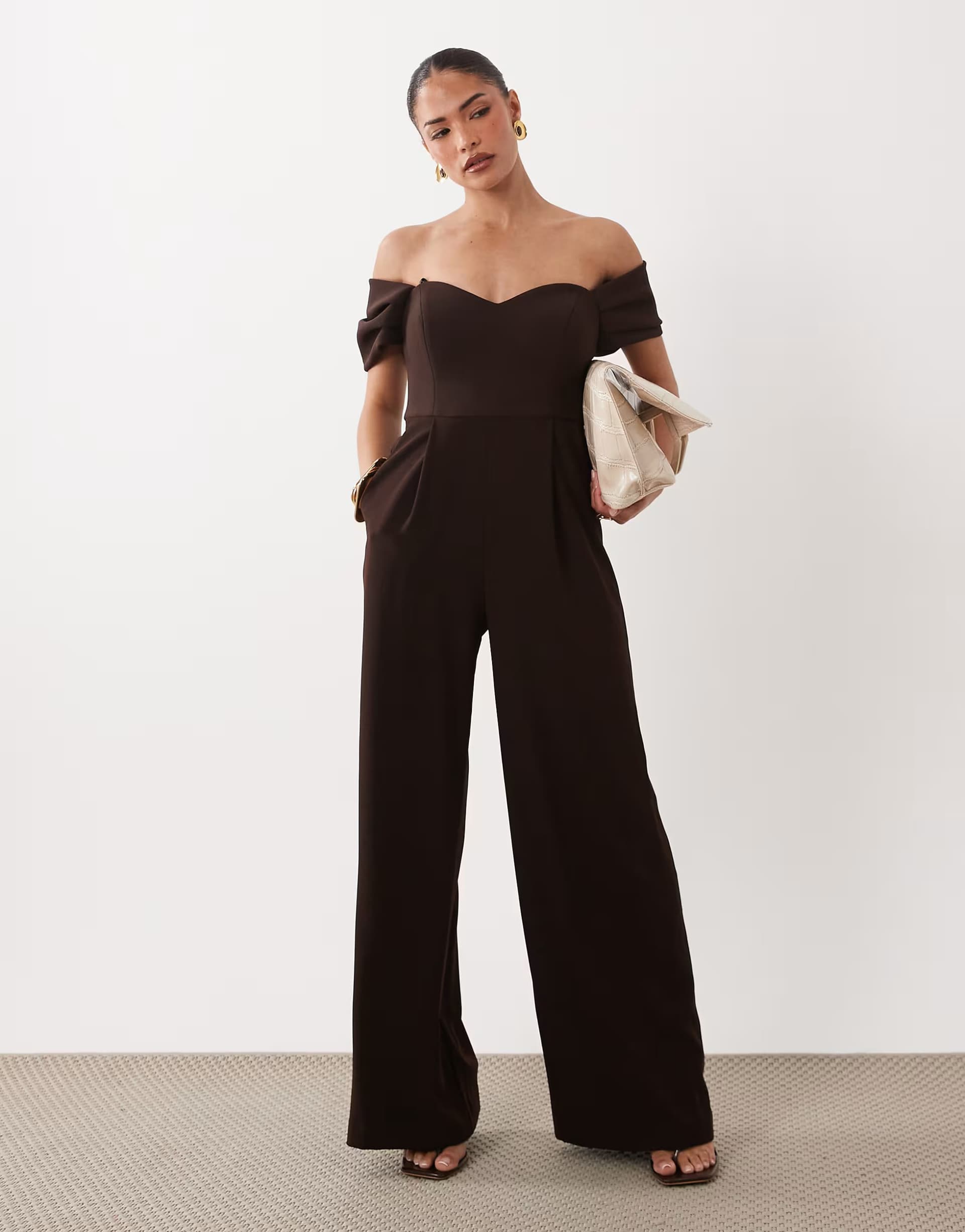 ASOS Forever New Petite off shoulder corset detail wide leg jumpsuit in chocolate