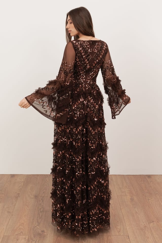 Maya Deluxe Maya Deluxe Women's Fully Embellished Frill Maxi Dres in Chocolate - 2