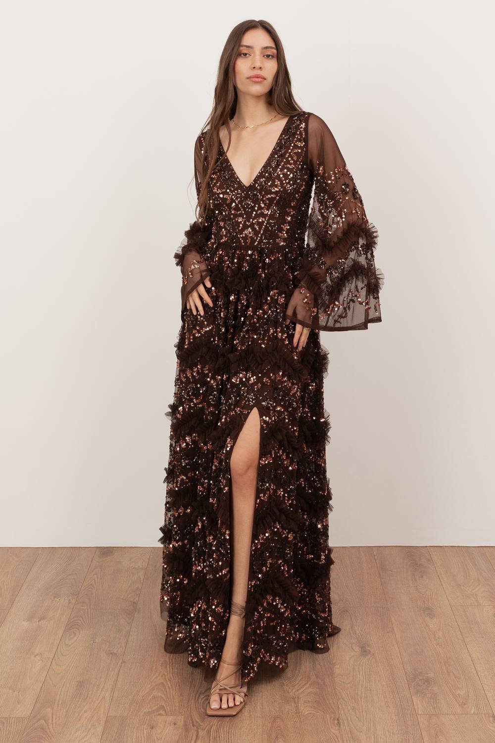 Maya Deluxe Maya Deluxe Women's Fully Embellished Frill Maxi Dres in Chocolate - 3