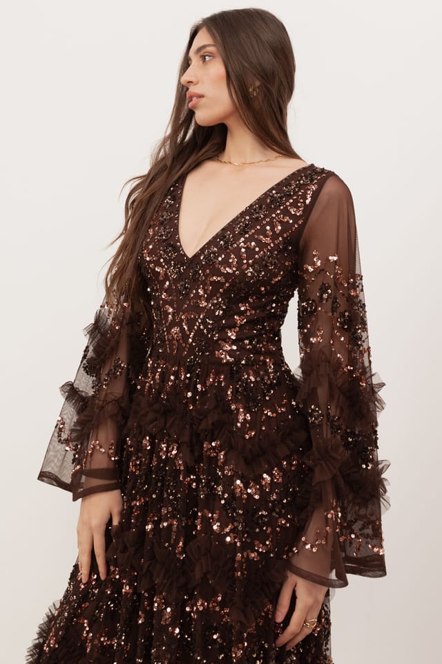 Maya Deluxe Maya Deluxe Women's Fully Embellished Frill Maxi Dres in Chocolate - 3