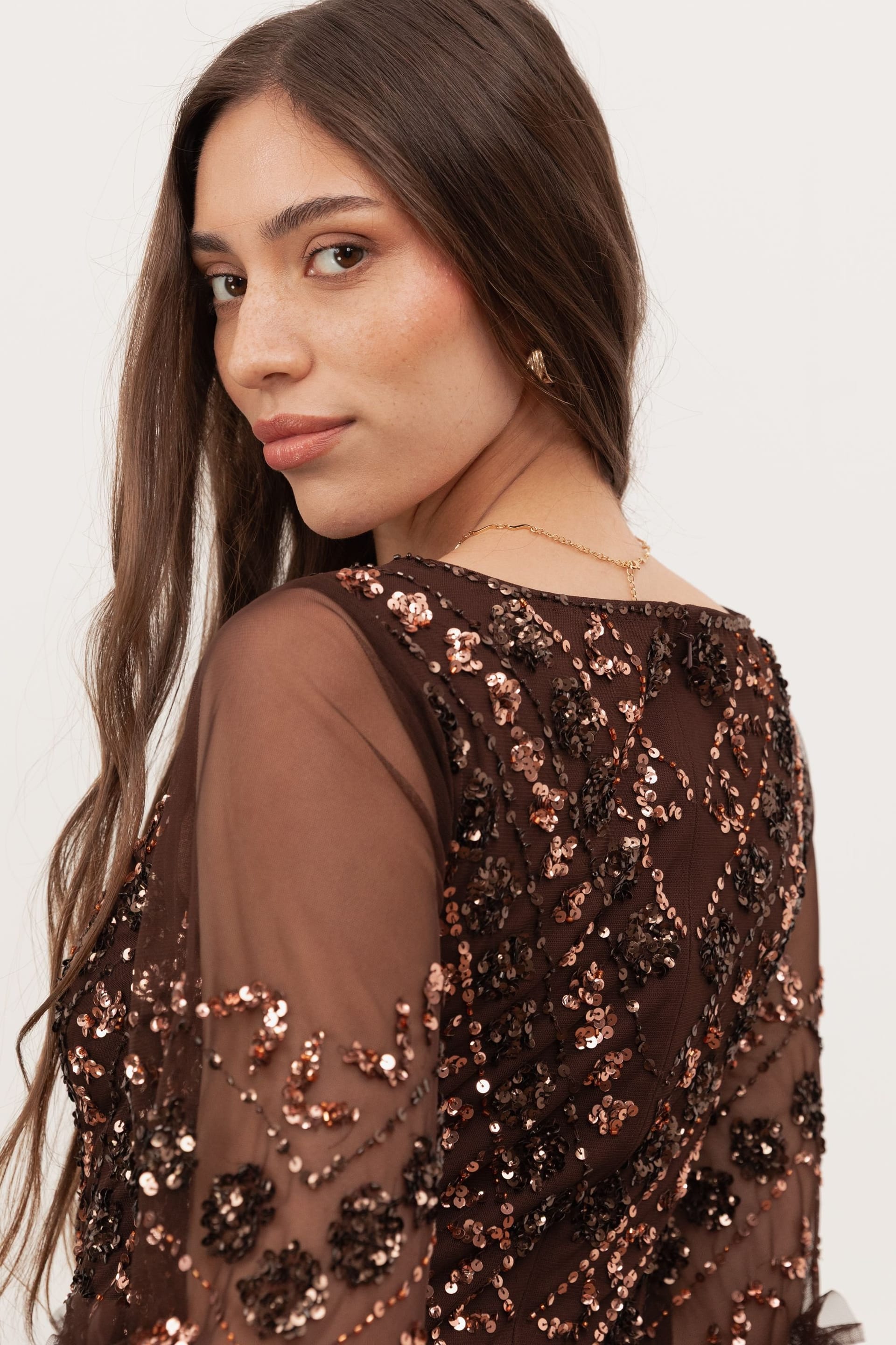 Maya Deluxe Maya Deluxe Women's Fully Embellished Frill Maxi Dres in Chocolate - 4