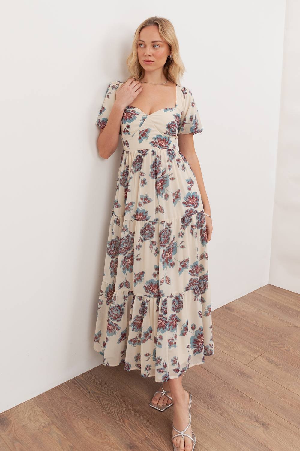 Anaya with Love Anaya with Love Women's Floral Sweetheart Neck Puff Sleeve Midaxi Dress in Cream - 3