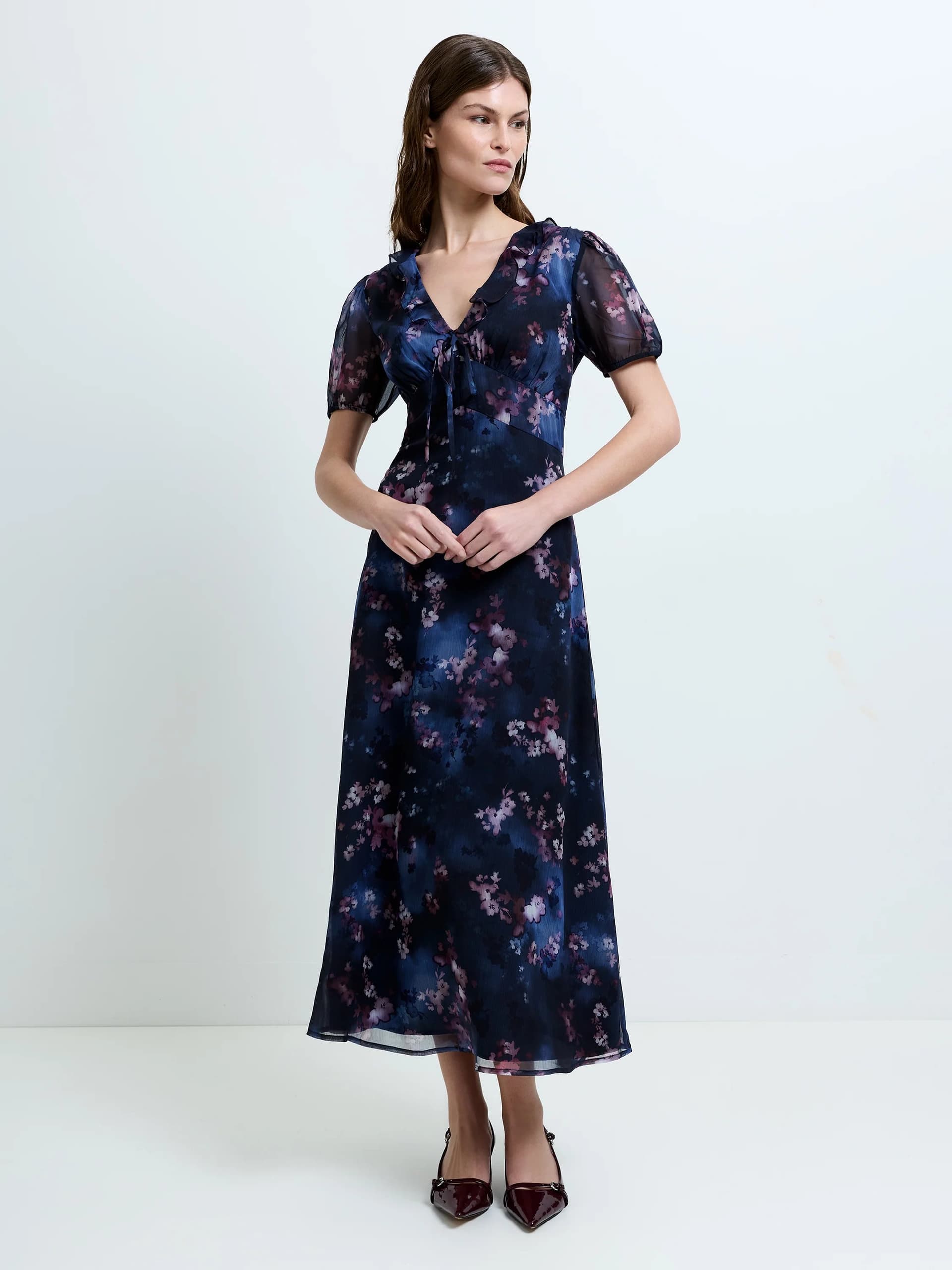 French Connection Clara Emina Puff Sleeve Midi Smock Dress Navy Blue Multi