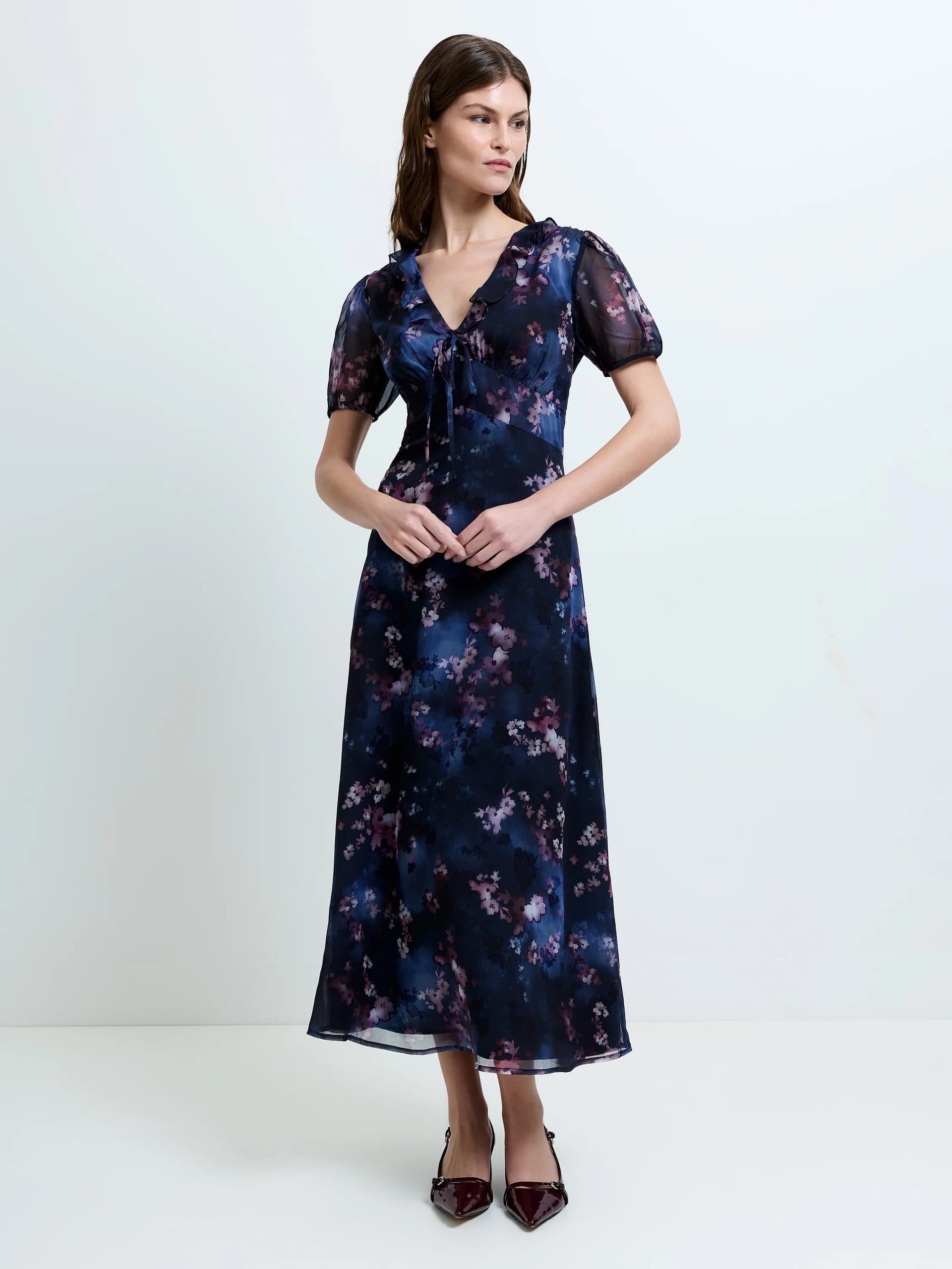 French Connection Navy Floral Midi Smock Dress
