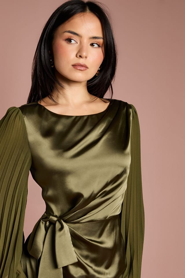 Coast Coast Women's Petite Satin Pleated Flare Sleeve Wrap Mini Dress in Olive - 2