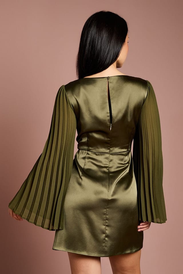 Coast Coast Women's Petite Satin Pleated Flare Sleeve Wrap Mini Dress in Olive - 3