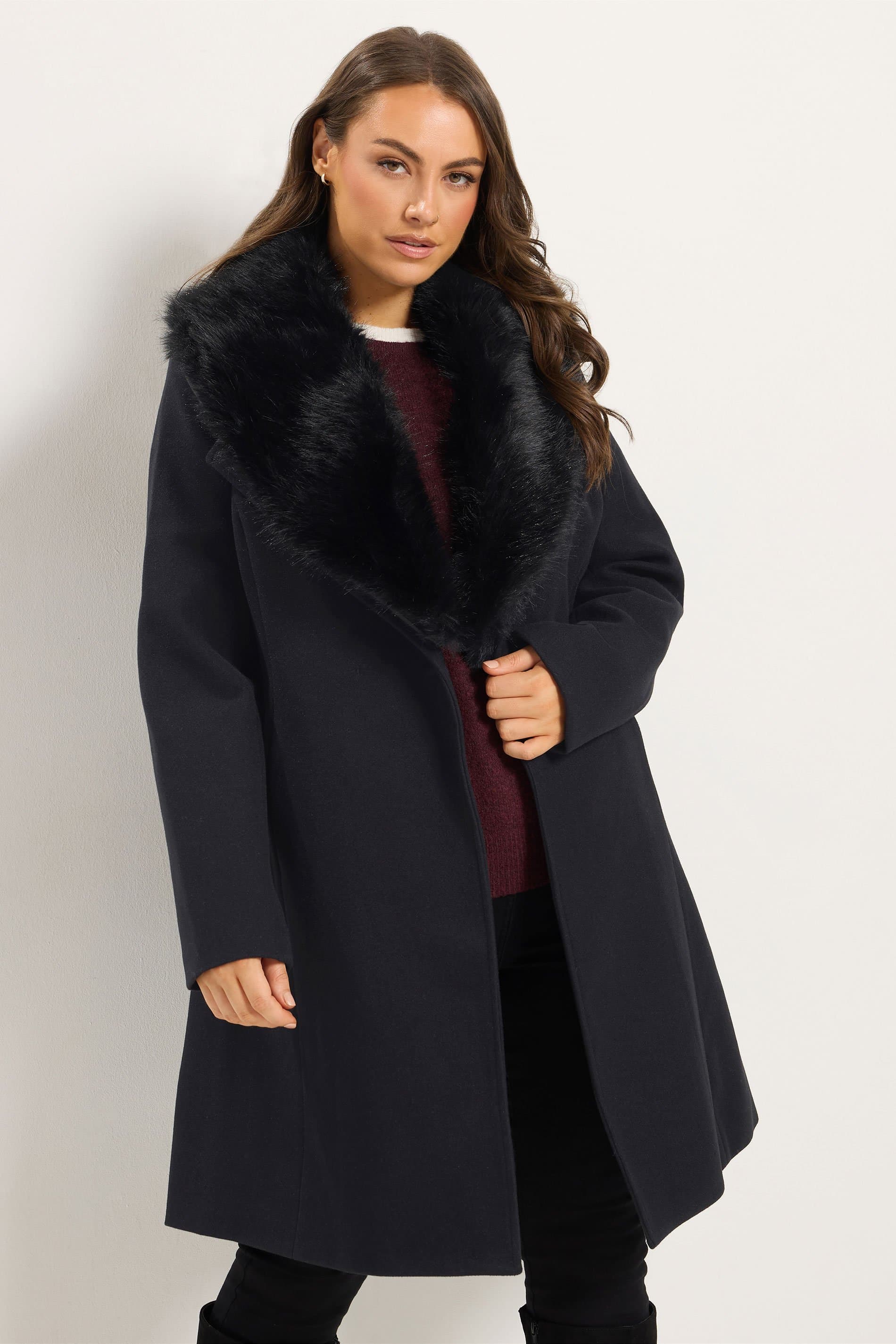 Yours Plus Size Black Faux Fur Collar Long Line Coat