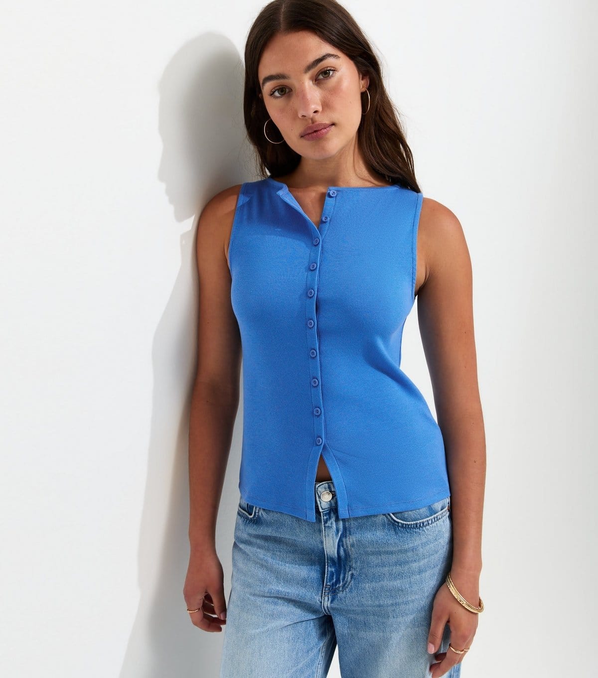 New Look Bright Blue Cotton-Rich Button-Through Tank Top