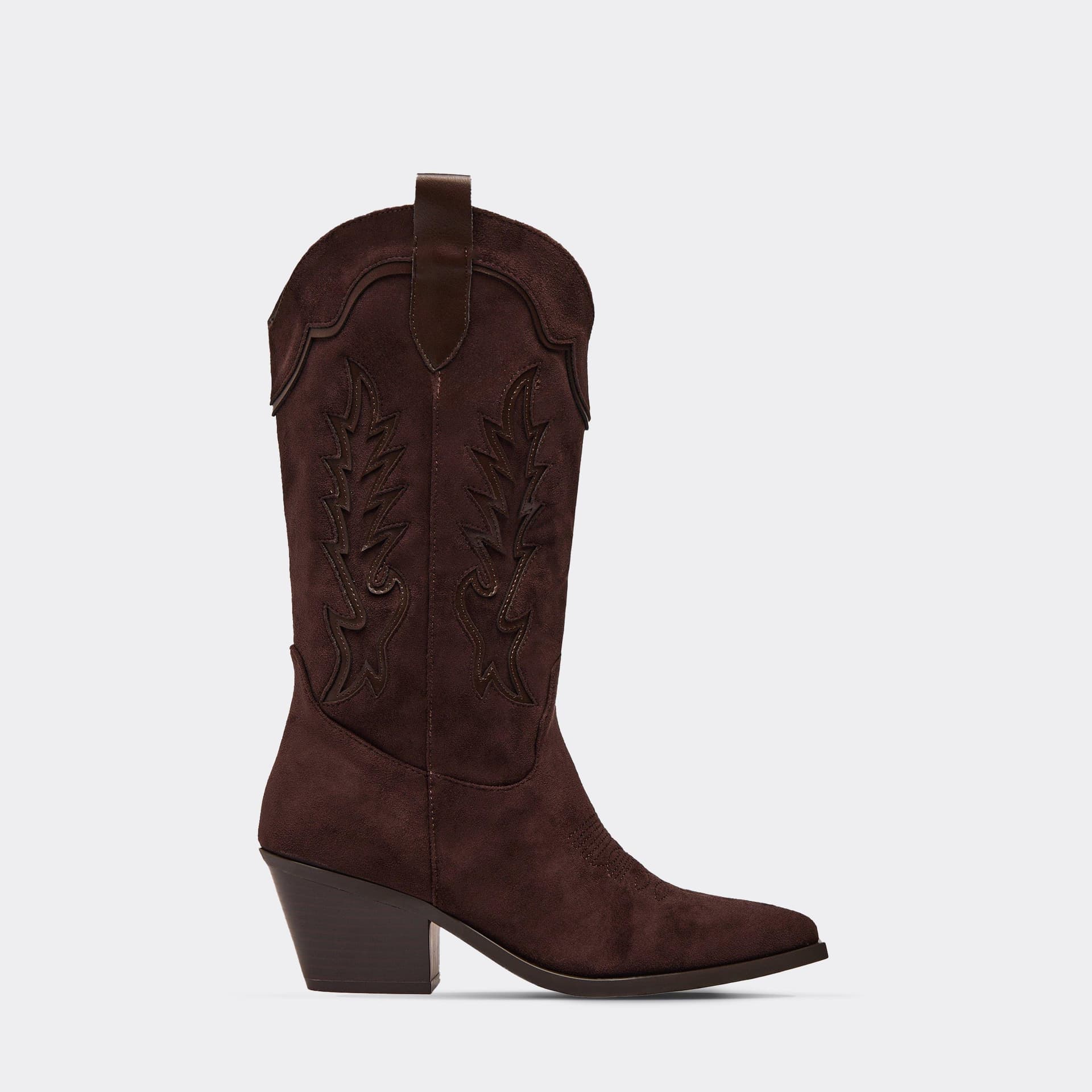 EGO Jessy Embroidered Detail Mid Calf Western Cowboy Boot In Brown Faux Suede, Women's Size UK 3