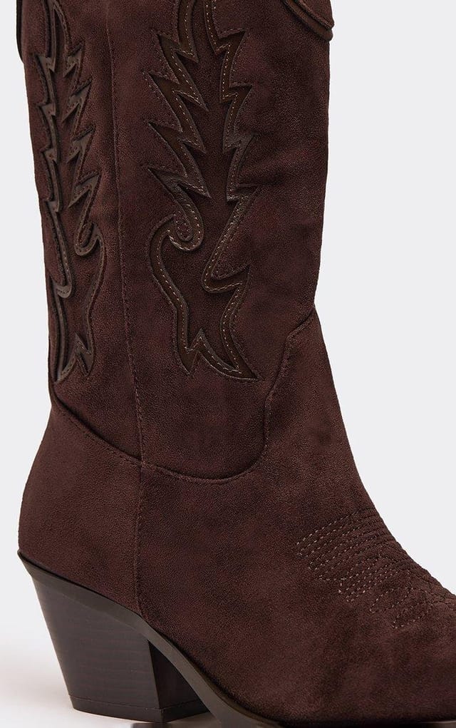 EGO Jessy Embroidered Detail Mid Calf Western Cowboy Boot In Brown Faux Suede, Women's Size UK 3 - 2