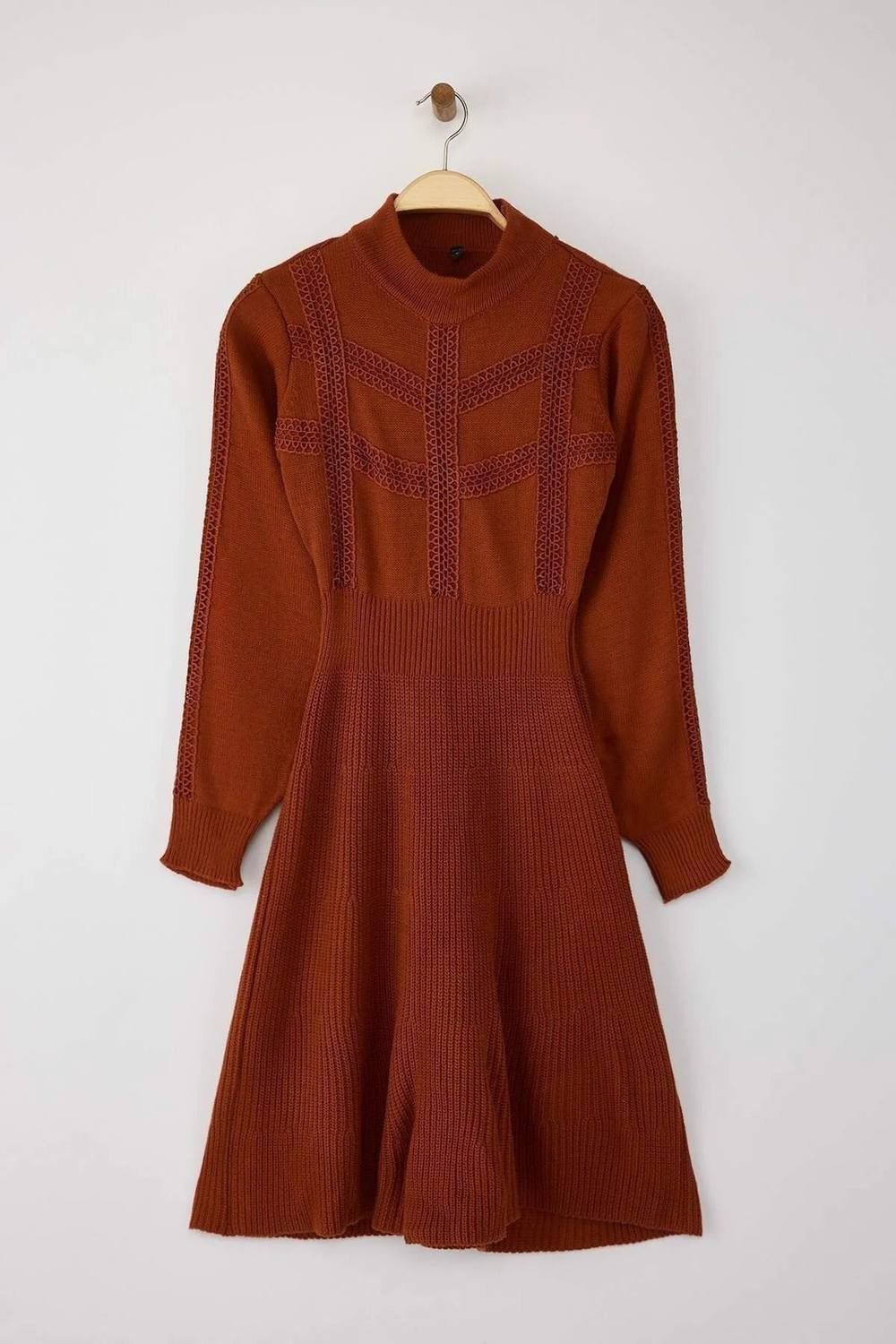 WOVCOR WOVCOR Women's Mini Lace Knit Dress With High Neck Detail in Terracotta - 2