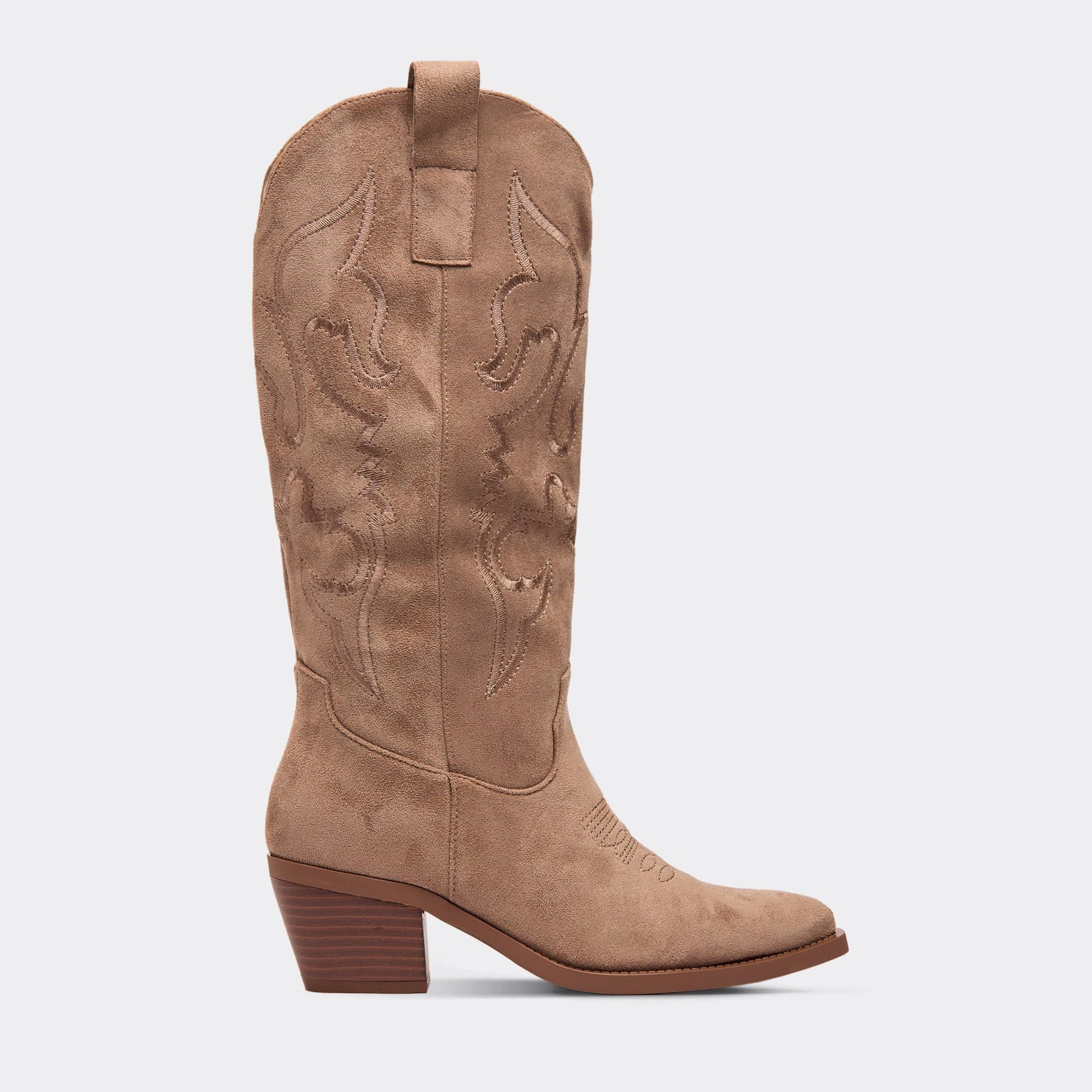 EGO Sweetz Embroidered Detail Knee High Western Cowboy Boot In Beige Faux Suede, Women's Size UK 3