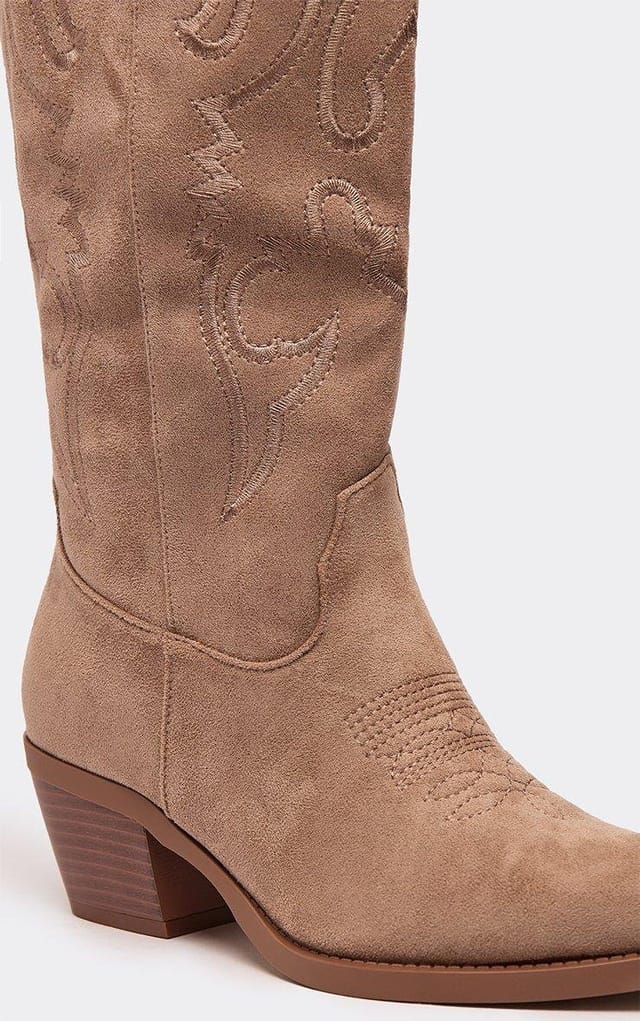 EGO Sweetz Embroidered Detail Knee High Western Cowboy Boot In Beige Faux Suede, Women's Size UK 3 - 2