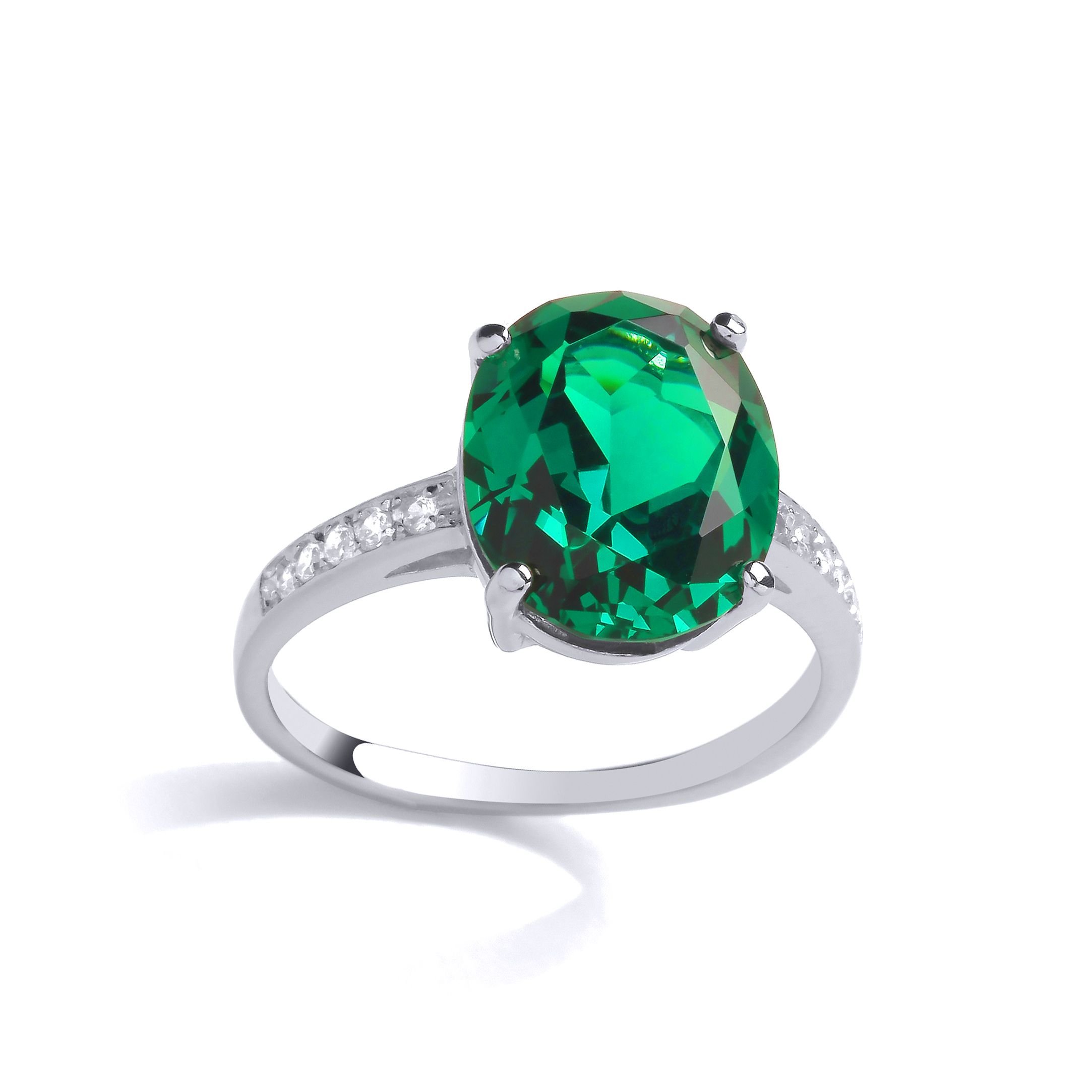 Jewelco London Jewelco London Women's 925 Silver Green Oval CZ Shoulder Set Solitaire Cocktail Ring - 2