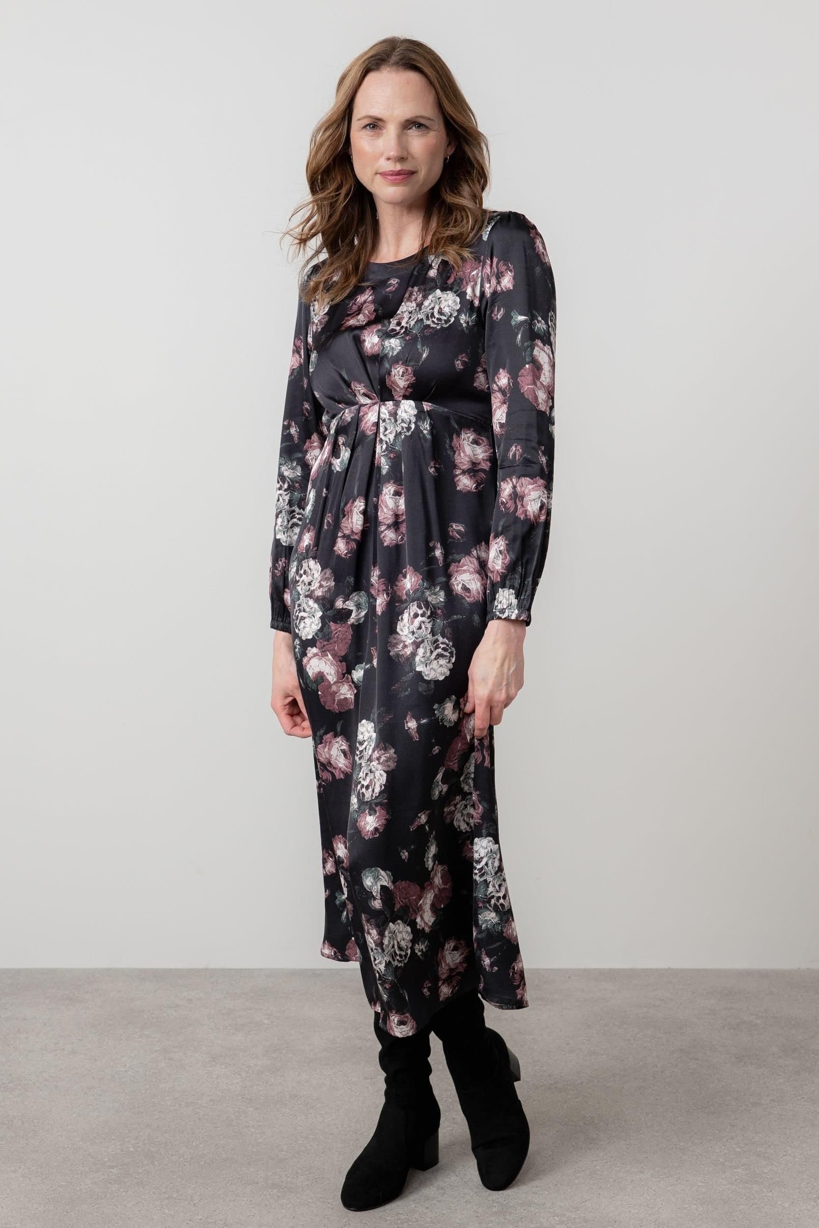 Lily & Me Lily & Me Women's Celia Floral Print Woven Viscose Satin Midi Dress with Keyhole back in Black
