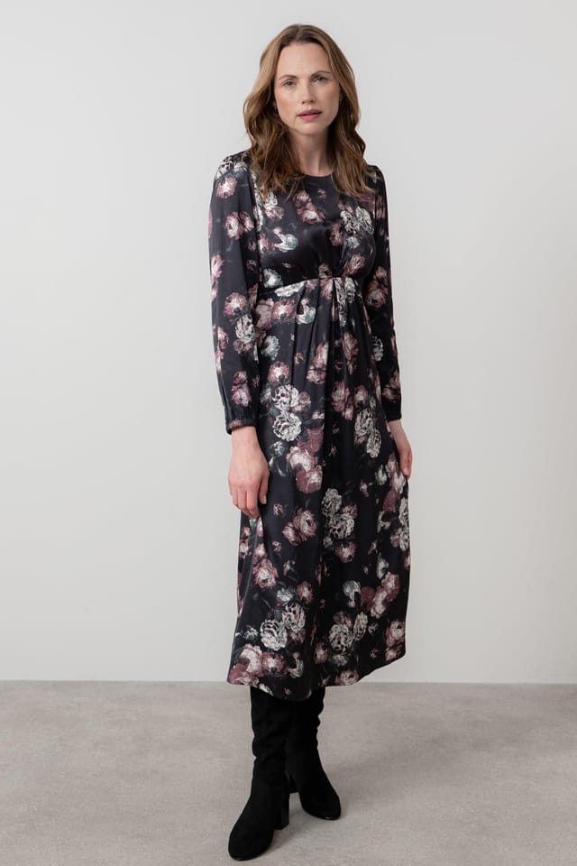 Lily & Me Lily & Me Women's Celia Floral Print Woven Viscose Satin Midi Dress with Keyhole back in Black - 2