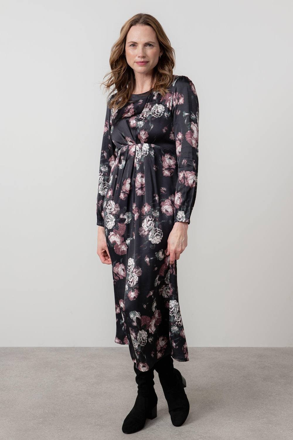Lily & Me Lily & Me Women's Celia Floral Print Woven Viscose Satin Midi Dress with Keyhole back in Black - 3