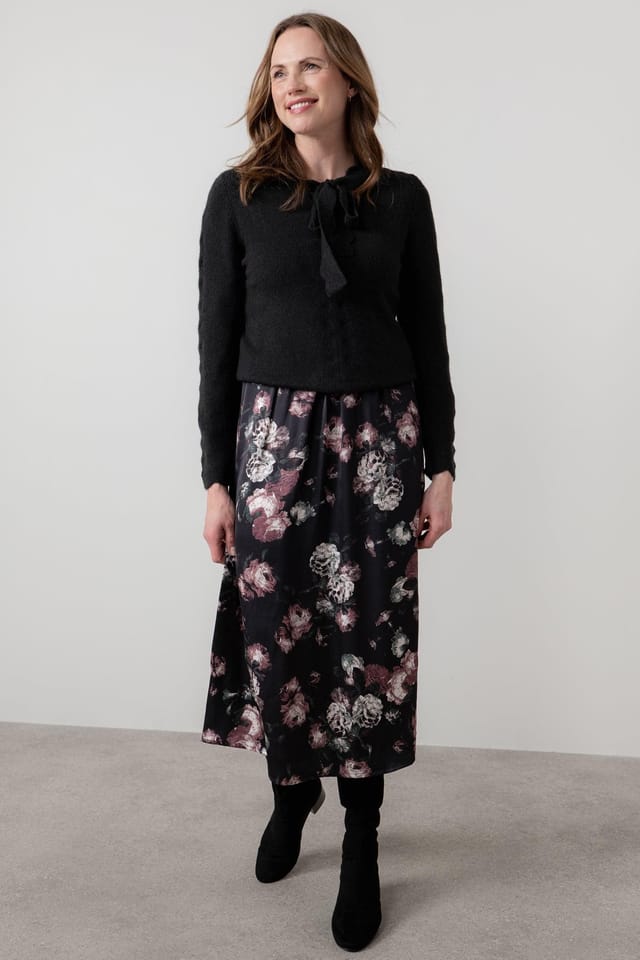 Lily & Me Lily & Me Women's Celia Floral Print Woven Viscose Satin Midi Dress with Keyhole back in Black - 3