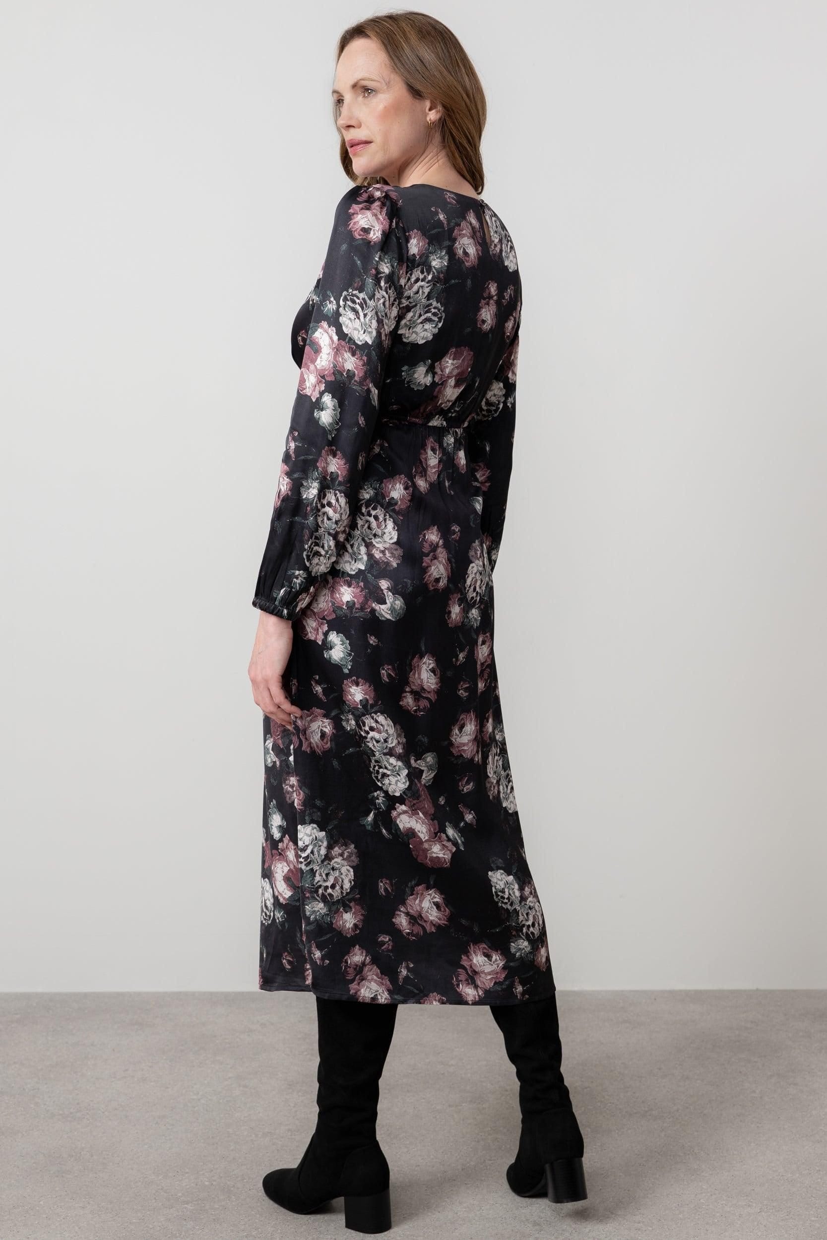 Lily & Me Lily & Me Women's Celia Floral Print Woven Viscose Satin Midi Dress with Keyhole back in Black - 4