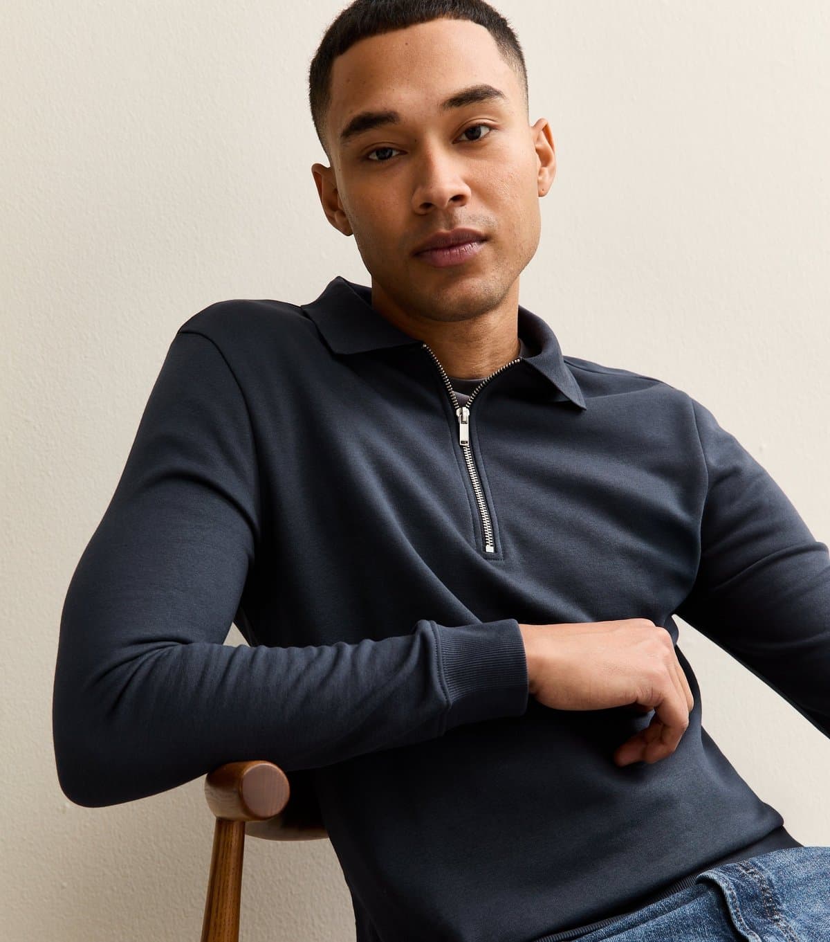 New Look Men's Navy Quarter Zip Polo Sweatshirt New Look