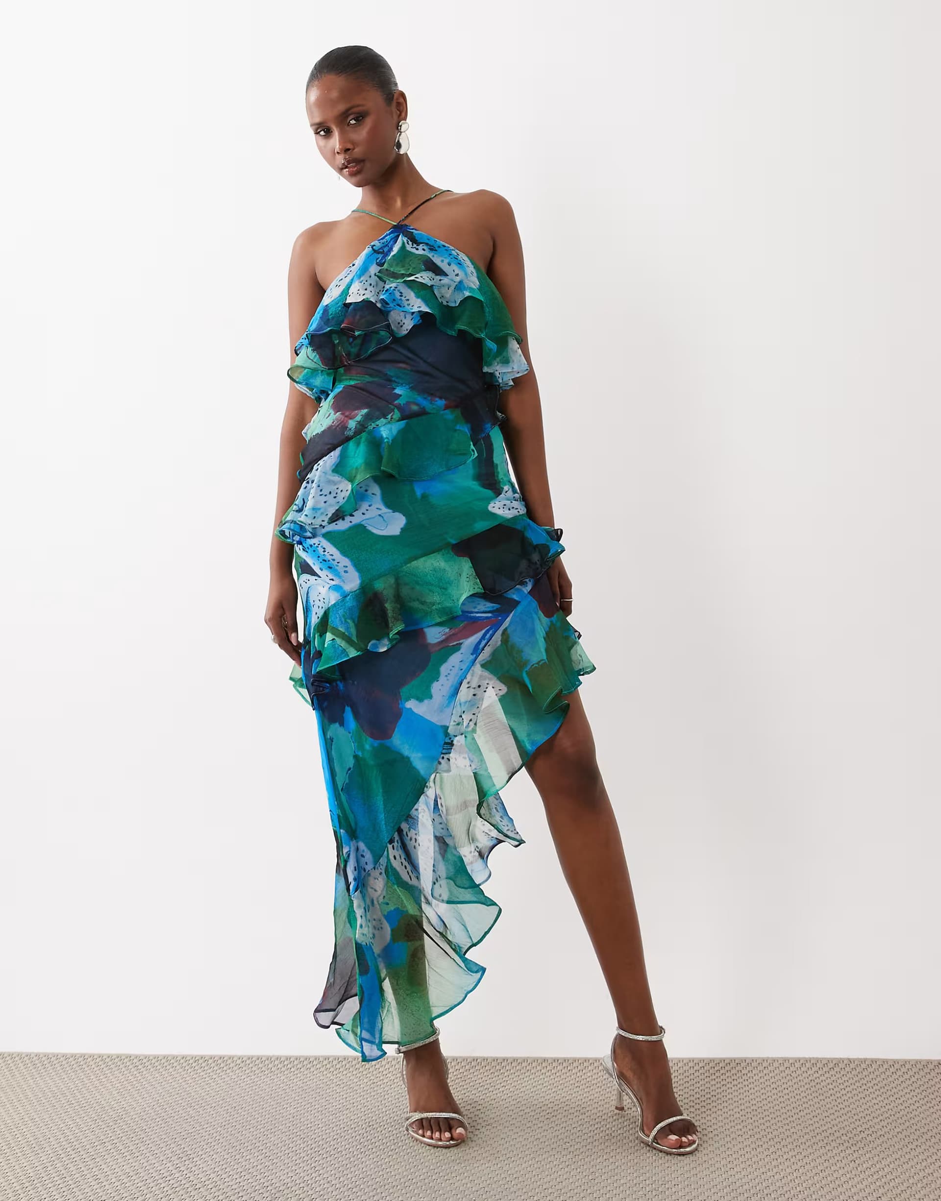 ASOS ASOS DESIGN ruffle halter maxi dress in blue green floral