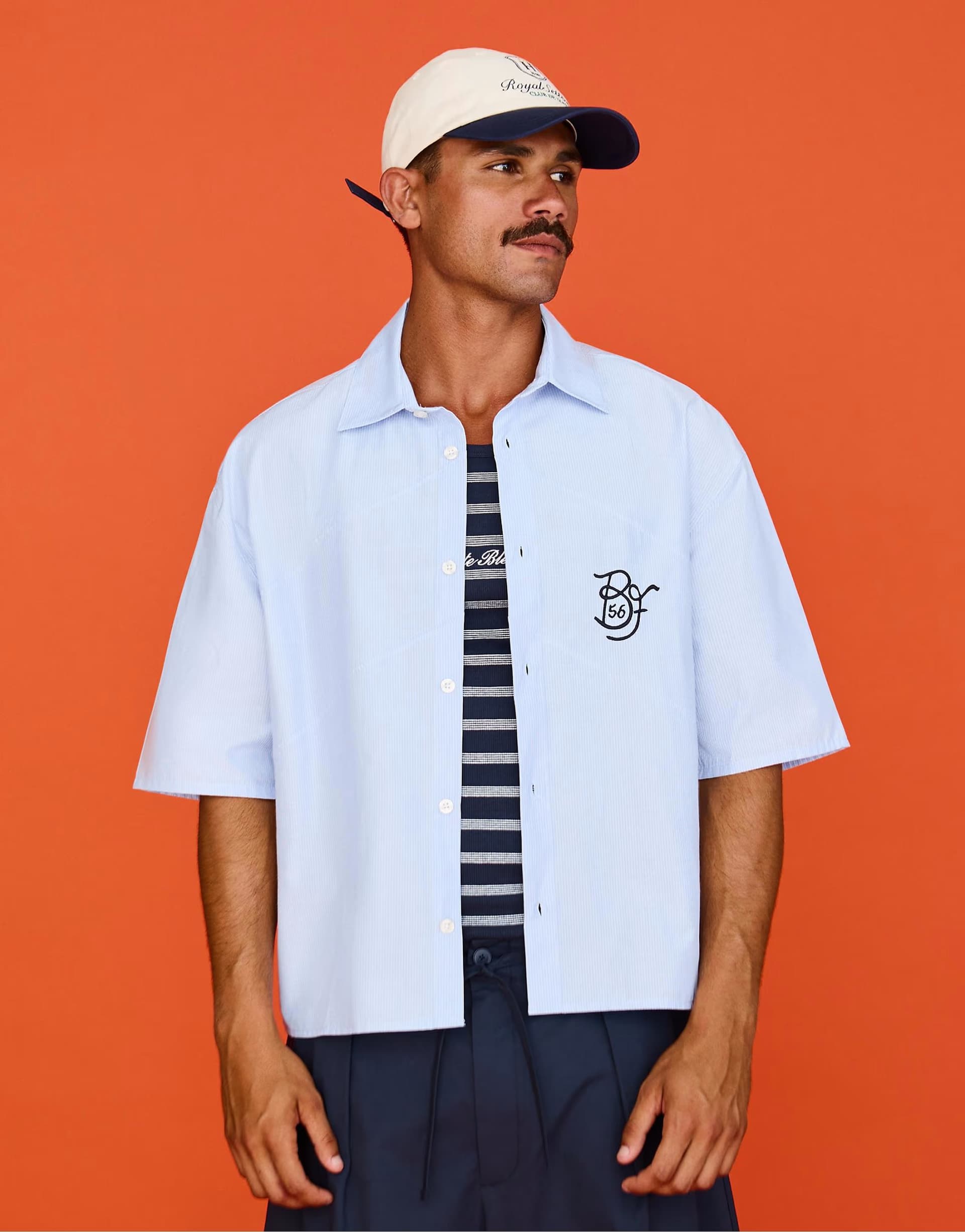 ASOS Bershka Oversized short sleeve striped shirt with embroidery in light blue