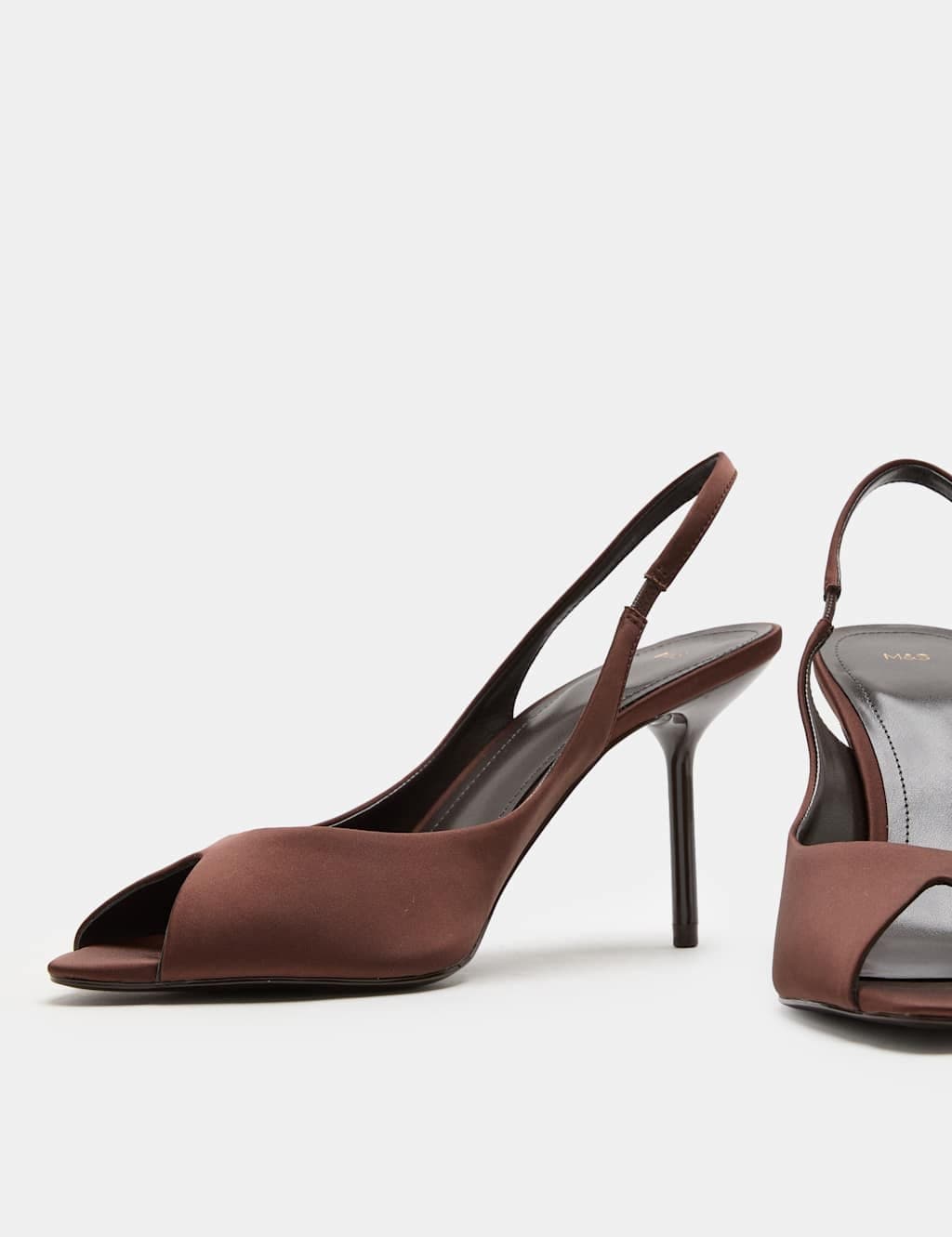 Marks & Spencer M&S Satin Stiletto Heel Peep Toe Slingback Shoes Brown