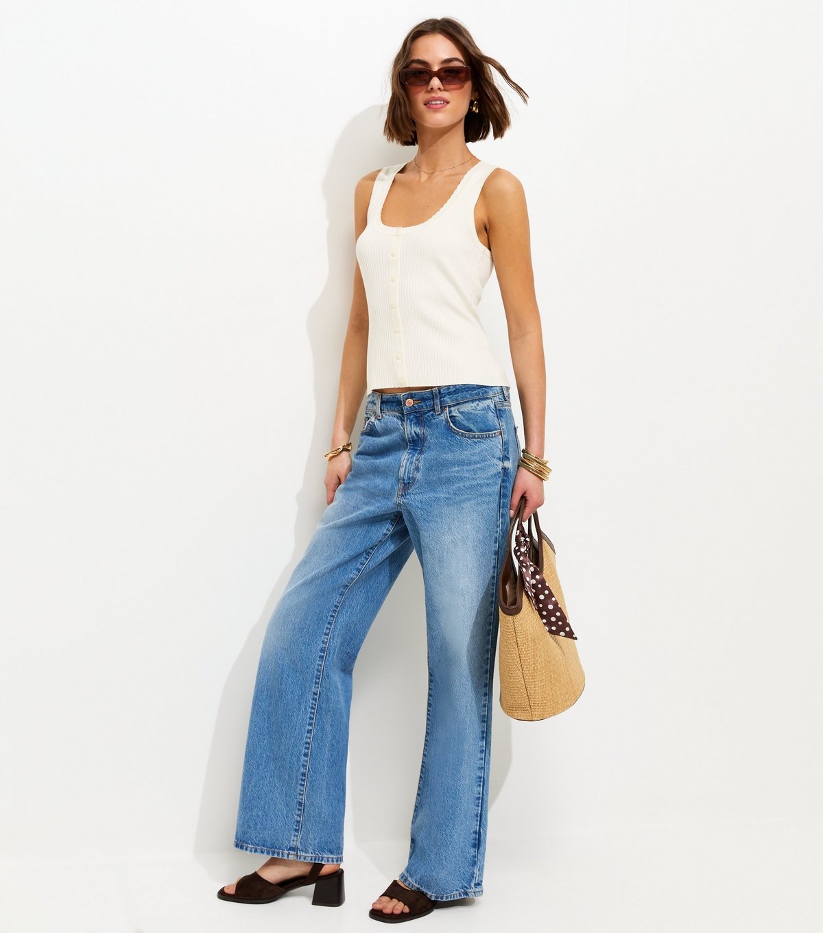 New Look Women's Cream Ribbed Knit Scoop Neck Button Front Vest Top New Look - 4