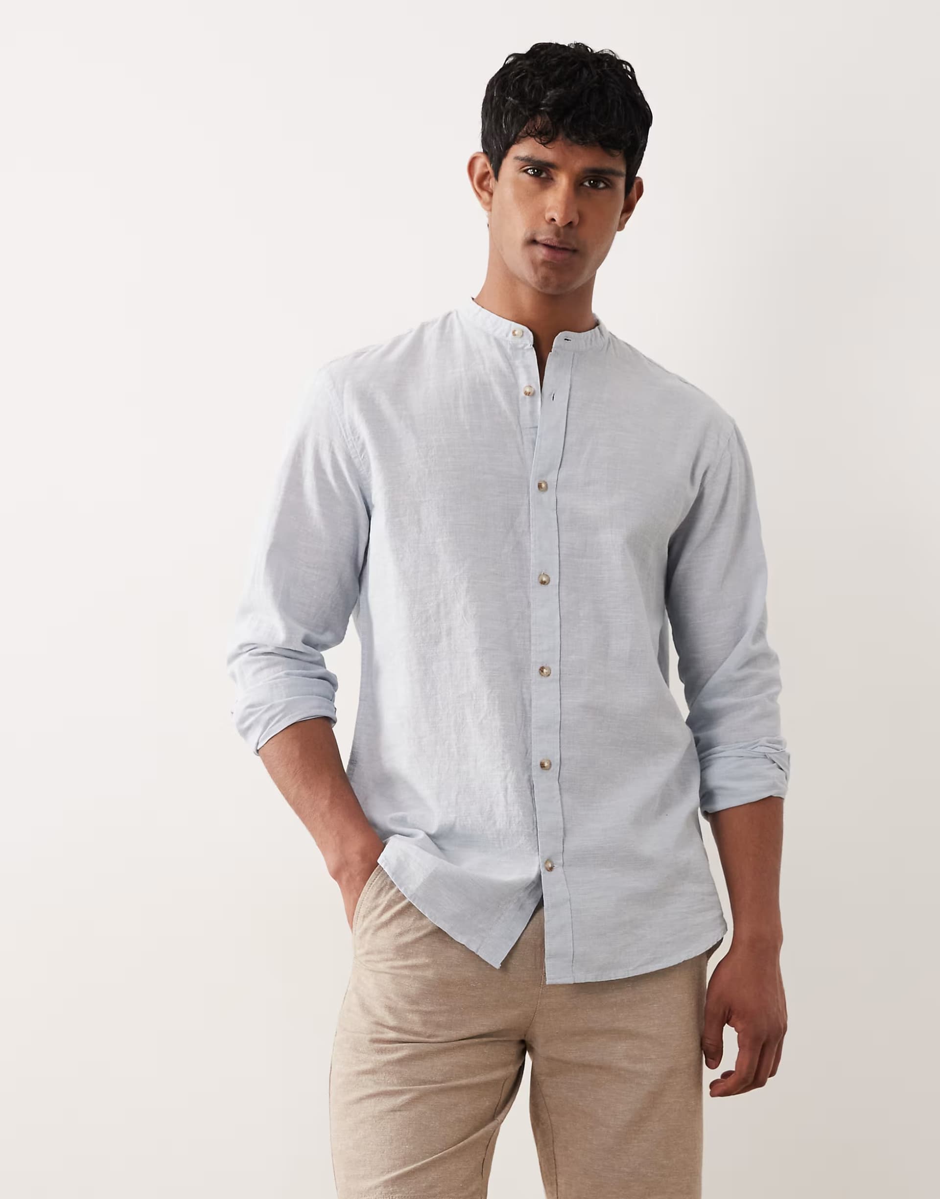 ASOS Jack & Jones grandad collar linen blend long sleeve shirt in light blue