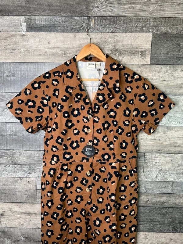 Joanie Joanie Anneka Jumpsuit Size UK 16 Brown Leopard Daisy Pattern Boilersuit