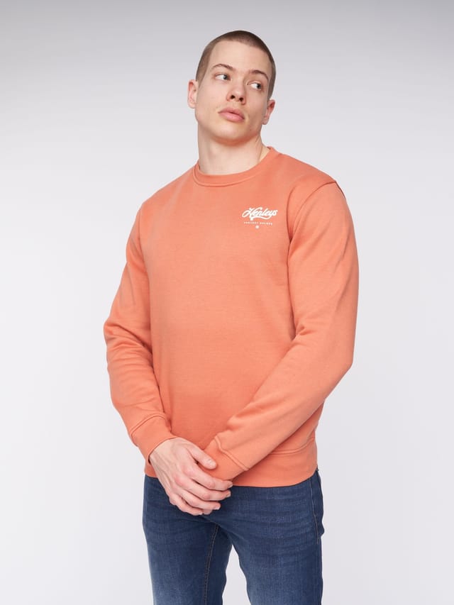 Henleys Henleys Scripthen Men's Carbon Brushed Fleece Sweatshirt - Ultra-Soft Cotton-Rich Crew Neck with Flock Print in Coral - 3