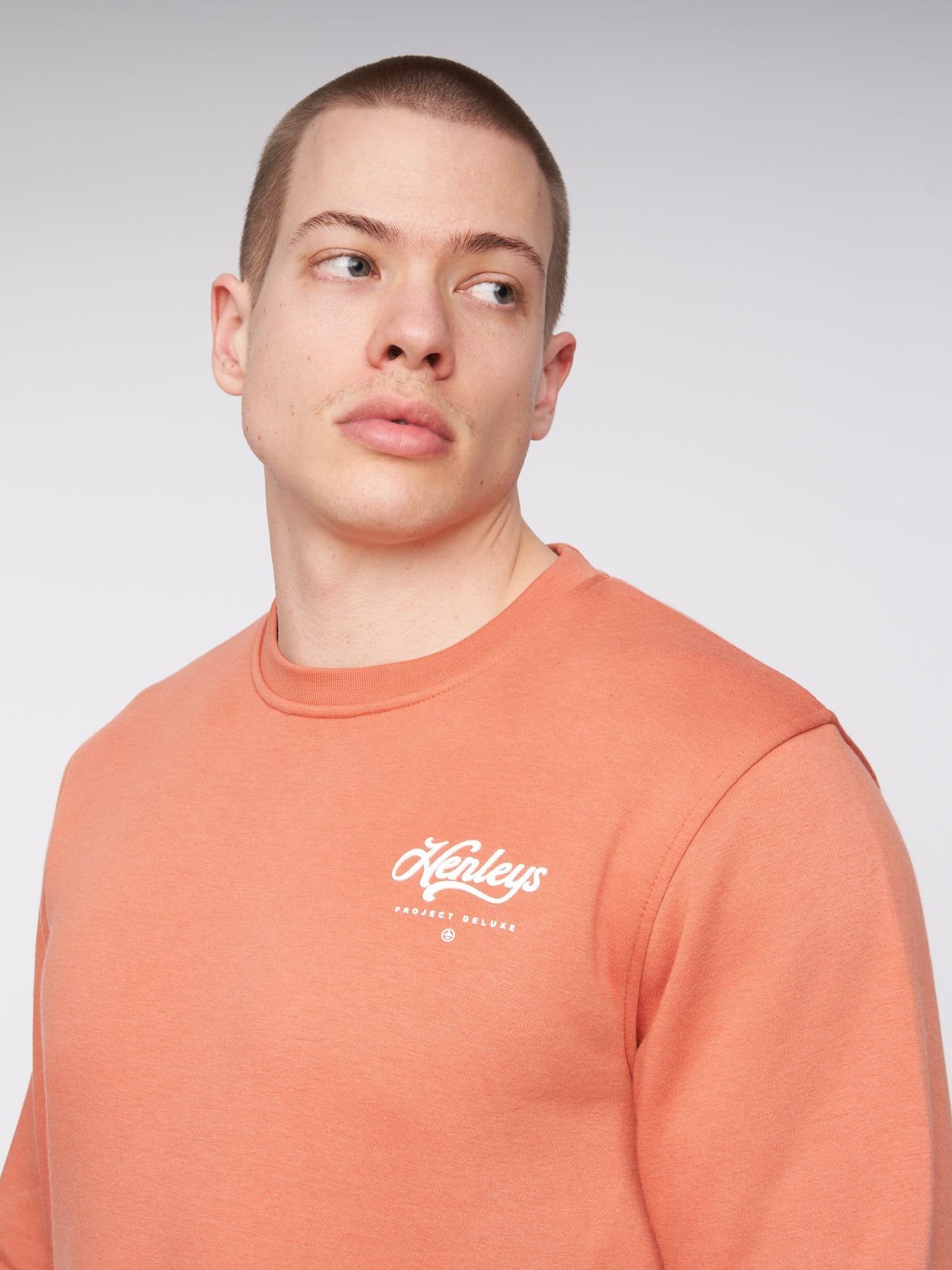 Henleys Henleys Scripthen Men's Carbon Brushed Fleece Sweatshirt - Ultra-Soft Cotton-Rich Crew Neck with Flock Print in Coral - 4