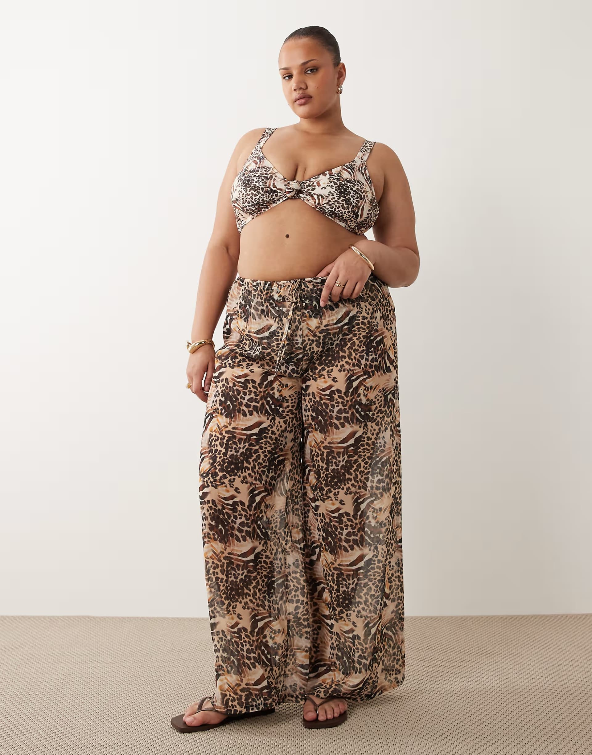 ASOS South Beach Curve wide leg beach trouser in leopard print