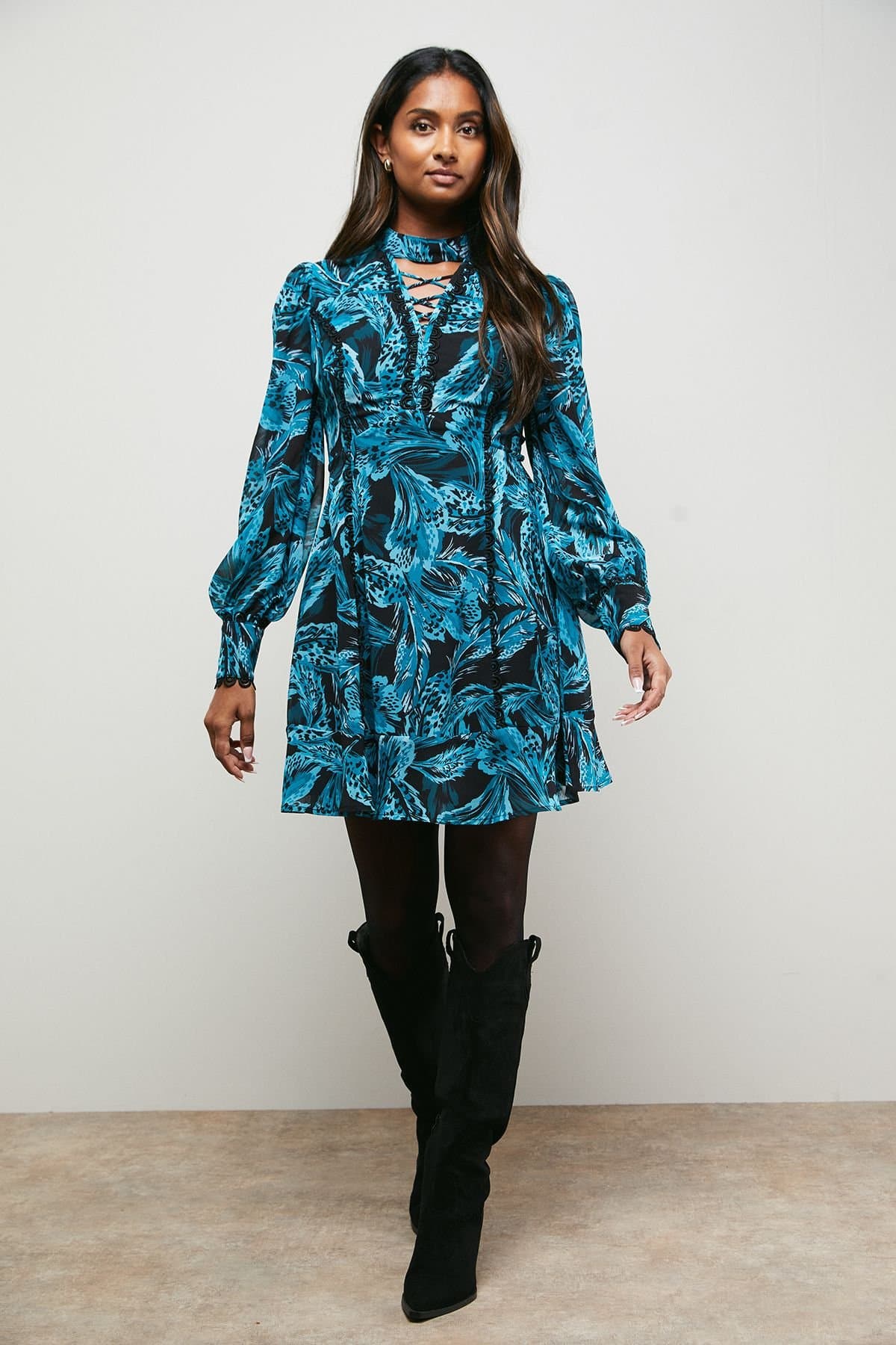 Oasis Oasis Women's Lace Up High Neck Long Sleeve Mini Dress in Black