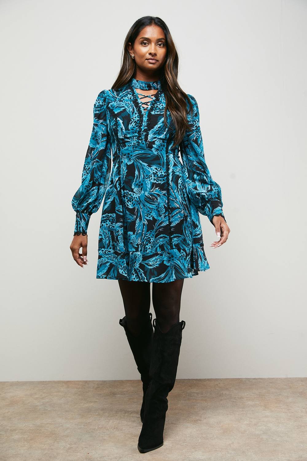 Oasis Oasis Women's Lace Up High Neck Long Sleeve Mini Dress in Black - 2