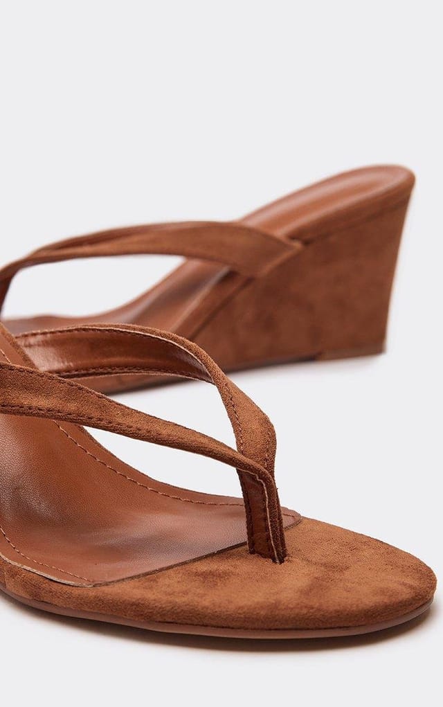 EGO Alba Thong Strap Detail Wedge Heel In Tan Brown Faux Suede, Women's Size UK 3 - 2