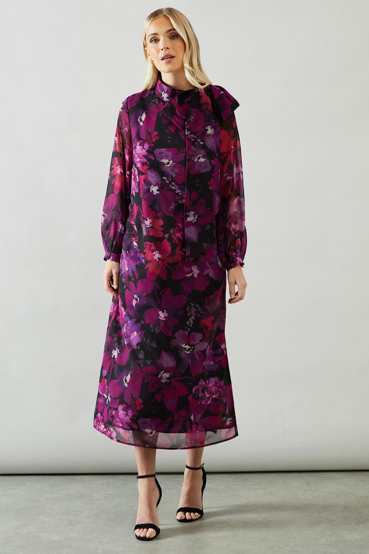 Wallis Wallis Women's Petite Floral Print Tie Neck Georgette Midi Dress in Purple - 2