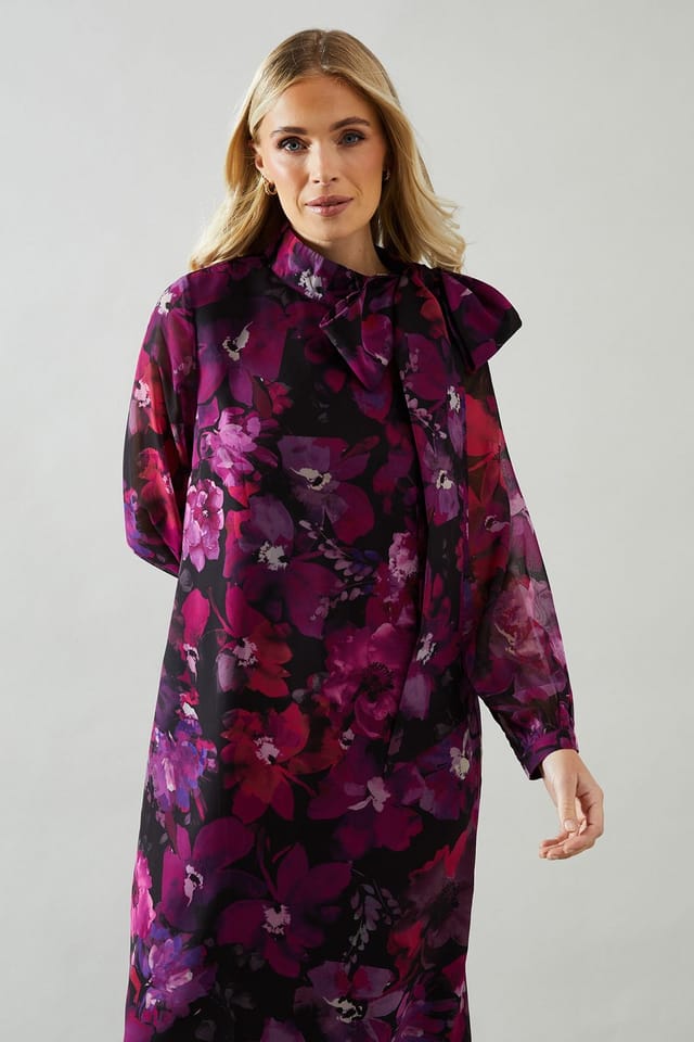 Wallis Wallis Women's Petite Floral Print Tie Neck Georgette Midi Dress in Purple - 2