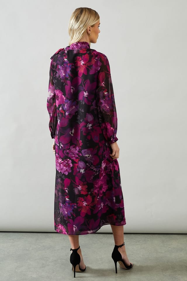 Wallis Wallis Women's Petite Floral Print Tie Neck Georgette Midi Dress in Purple - 3