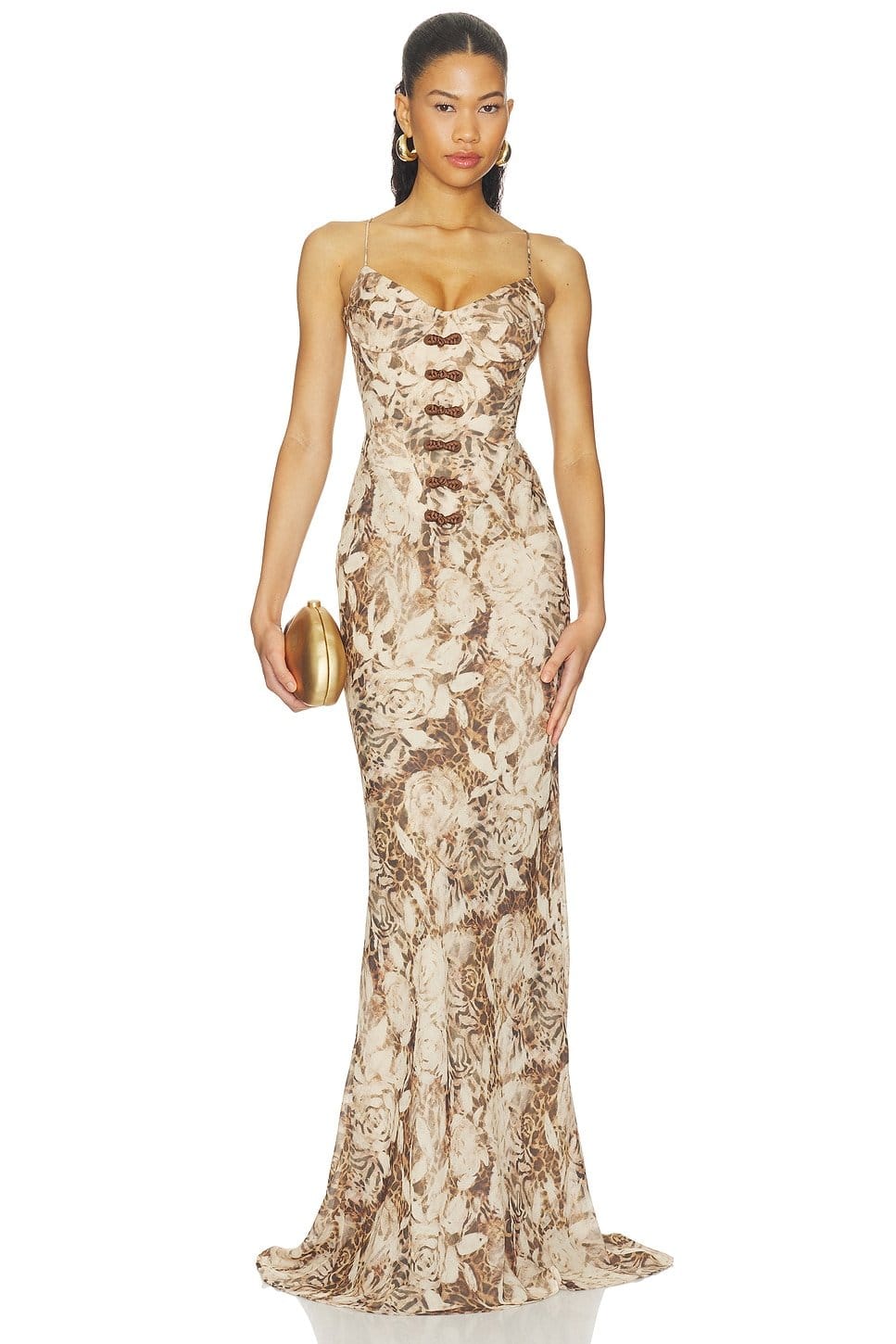 Revolve Brown Multi Floral Chiffon Gown