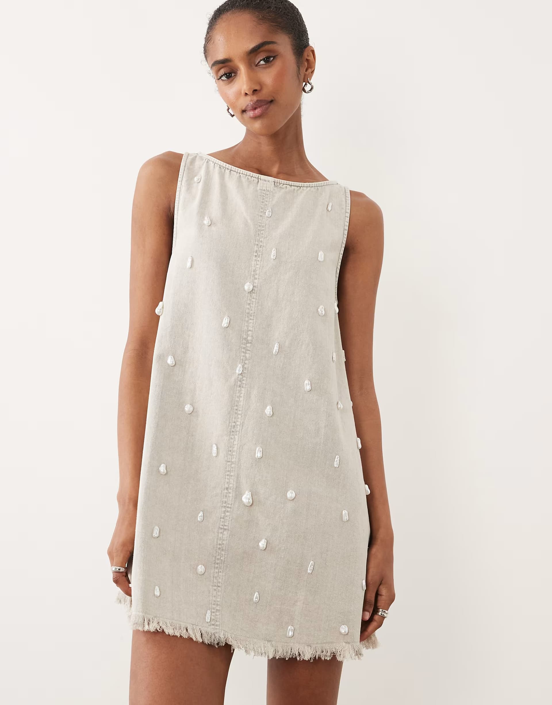 ASOS ASOS DESIGN slash neck twill mini dress with pearl embellishment in washed grey
