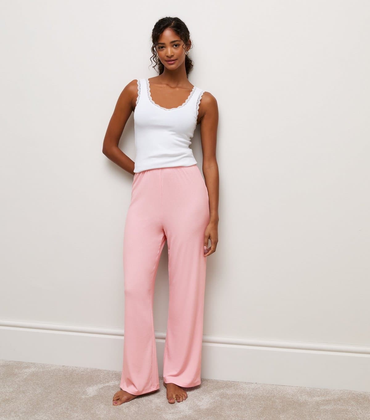 New Look Women's Light Pink Ribbed Jersey Wide Leg Trousers New Look