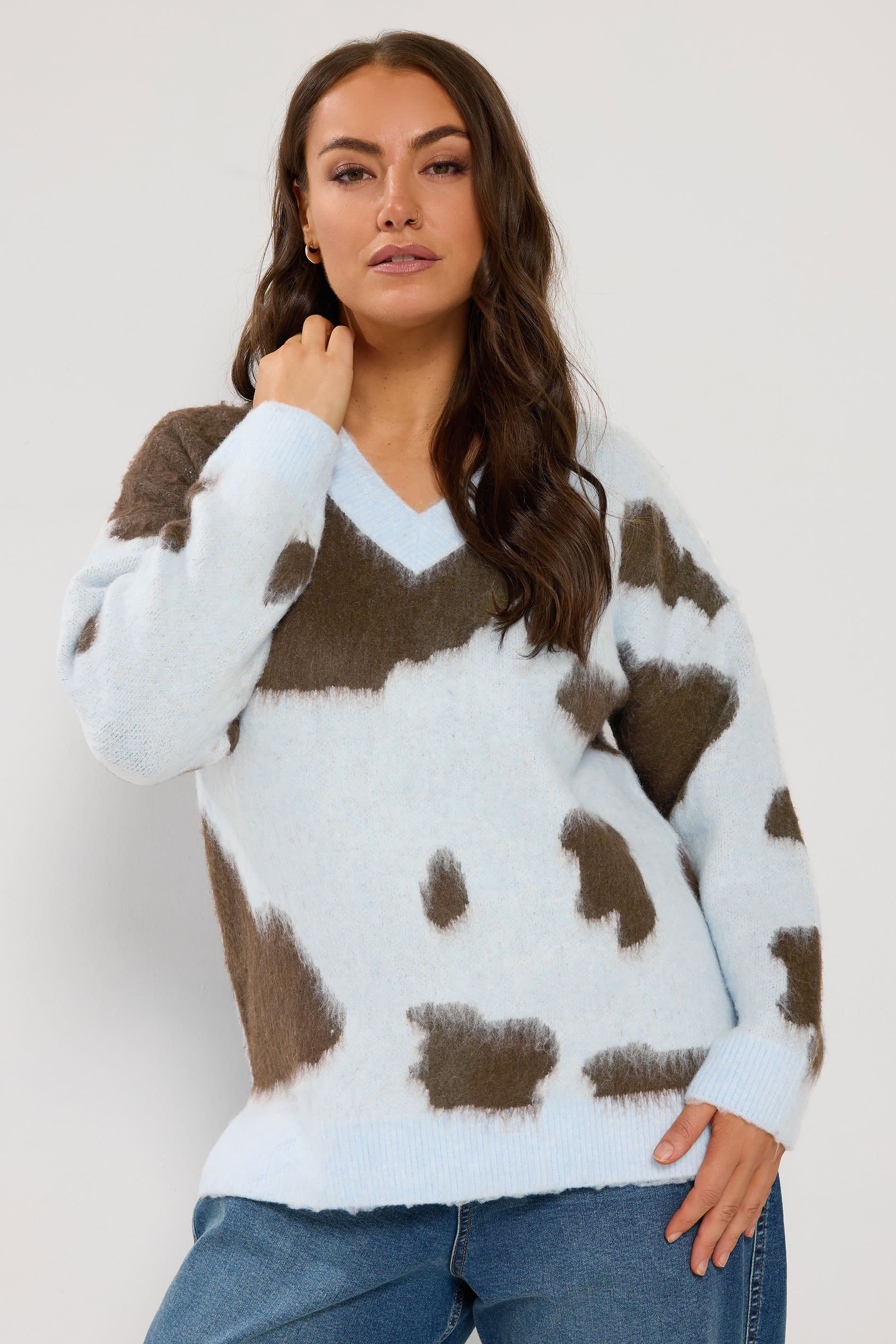 Yours Plus Size Blue Brushed Cow Print Knitted Jumper