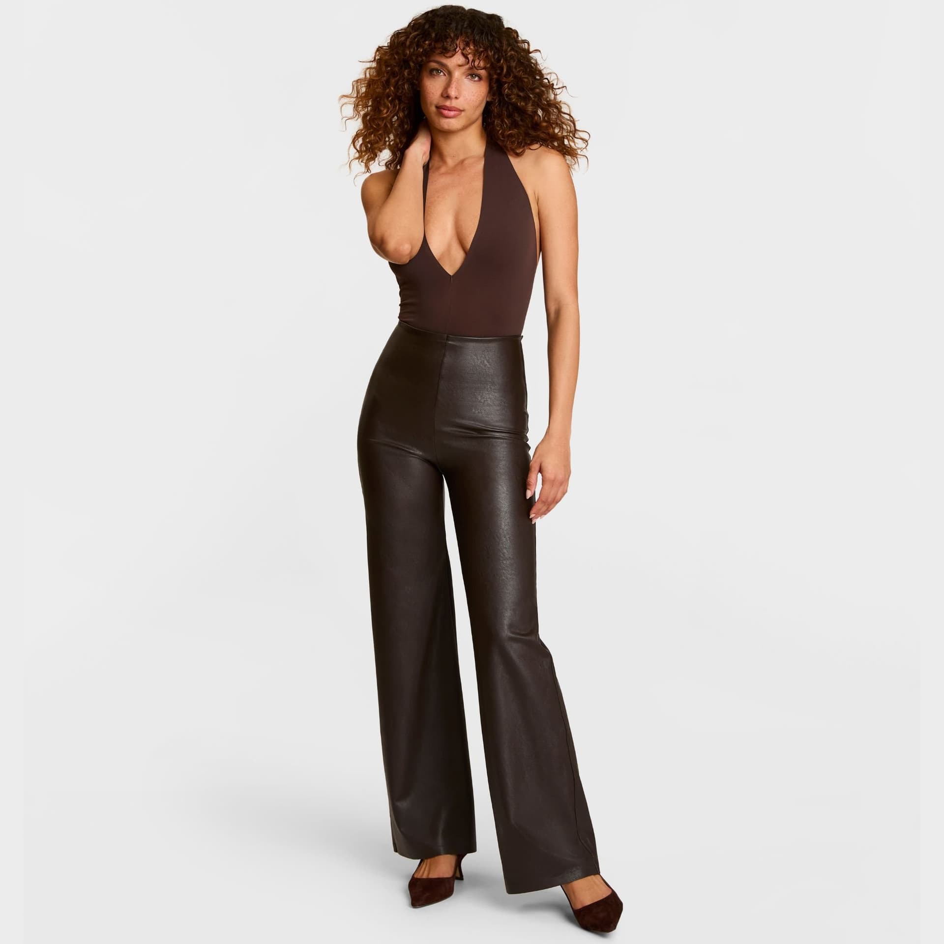 Commando COMMANDO Women's Faux Leather Wide Leg Pant in Espresso with Four-Way Stretch in Chocolate