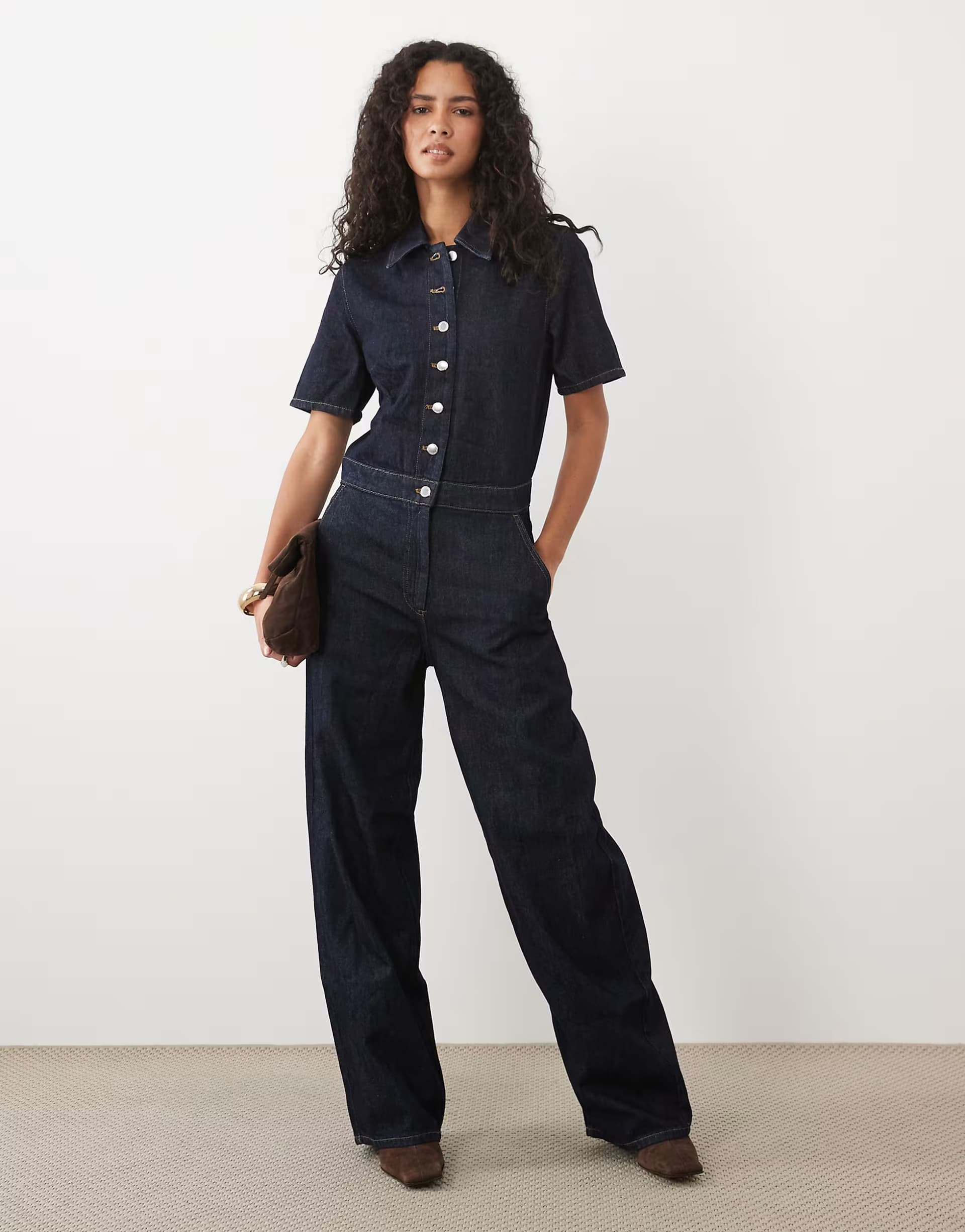 ASOS Mango denim short sleeve button through jumpsuit in indigo