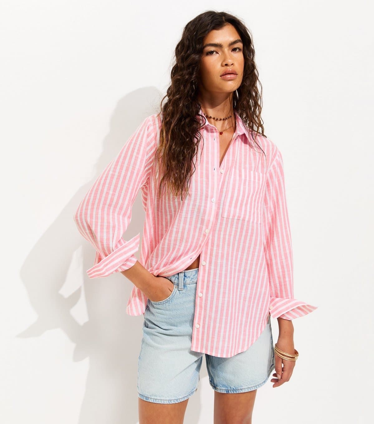 New Look Women's Pink Cotton Rich Striped Long Sleeve Shirt New Look