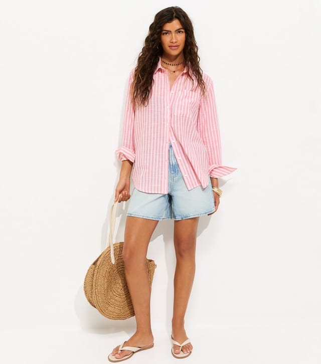 New Look Women's Pink Cotton Rich Striped Long Sleeve Shirt New Look - 3