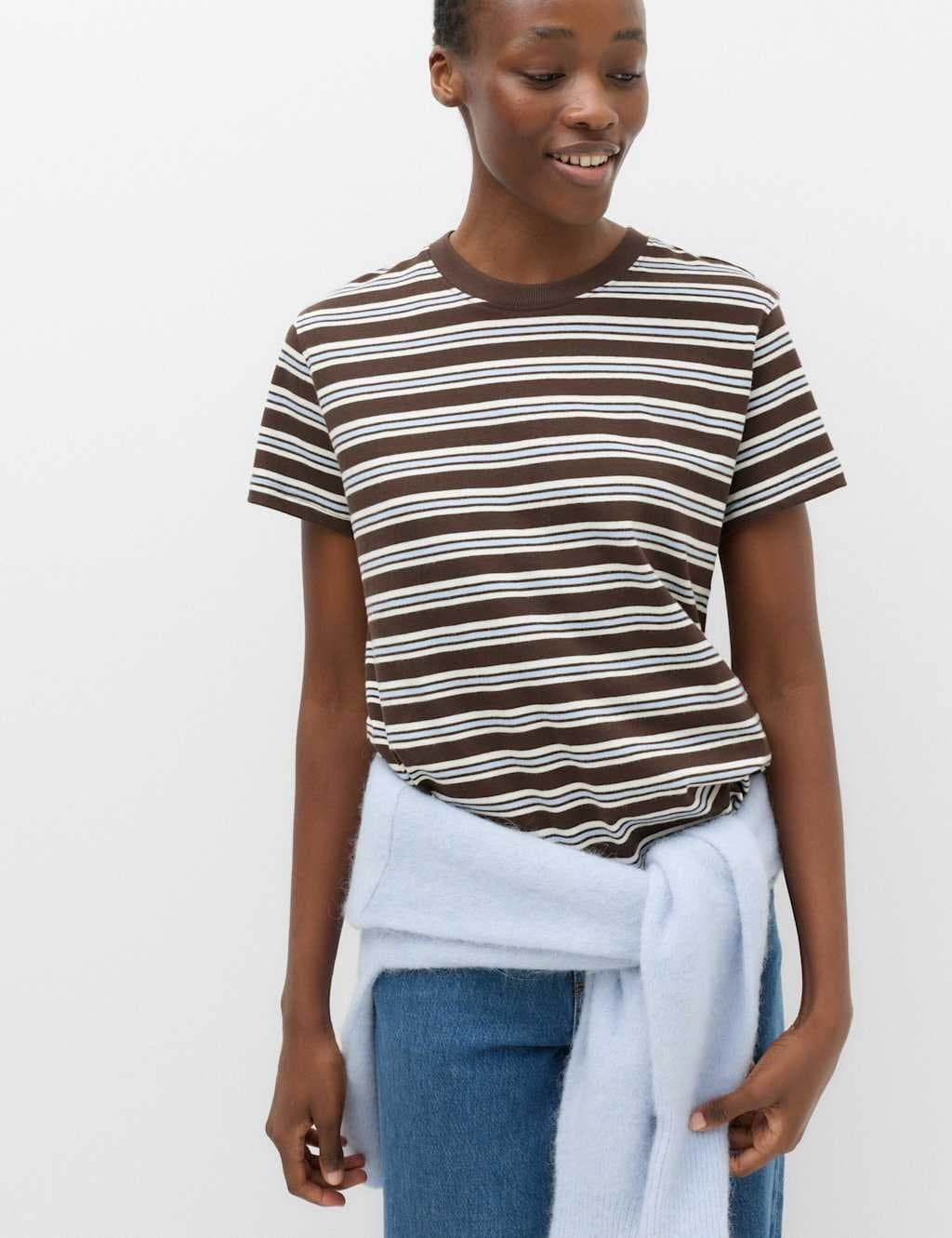 Marks & Spencer M&S Pure Cotton Striped T-Shirt Chocolate Mix