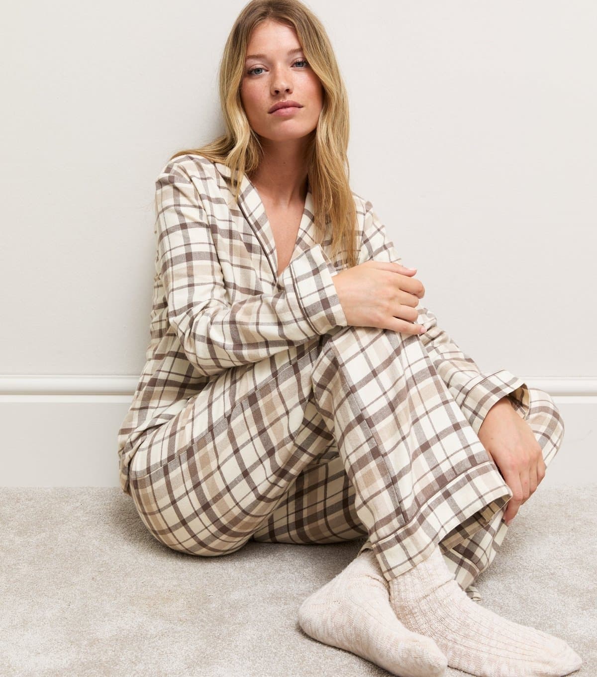 New Look Women's Brown Cotton Check Shirt and Trousers Pyjama Set New Look
