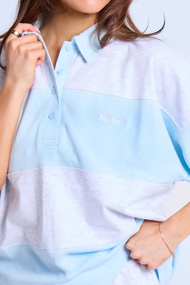 Kaiia Kaiia Striped Short Sleeve Oversized Rugby Style Top Light Blue & Grey Marl - 2